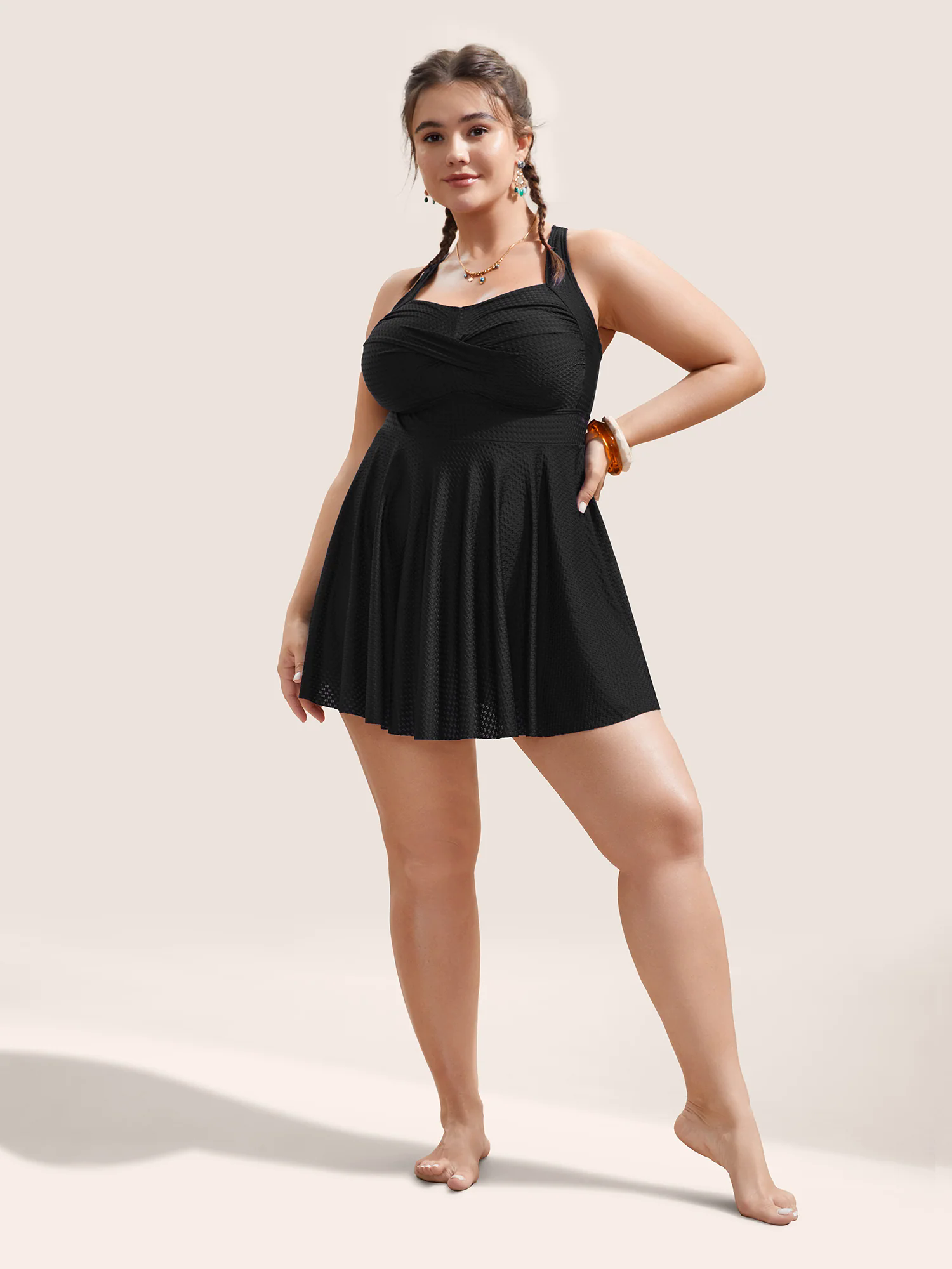 Plain Textured Crossover Bodycon Swim Dress Plain Textured Crossover Bodycon Swim Dress