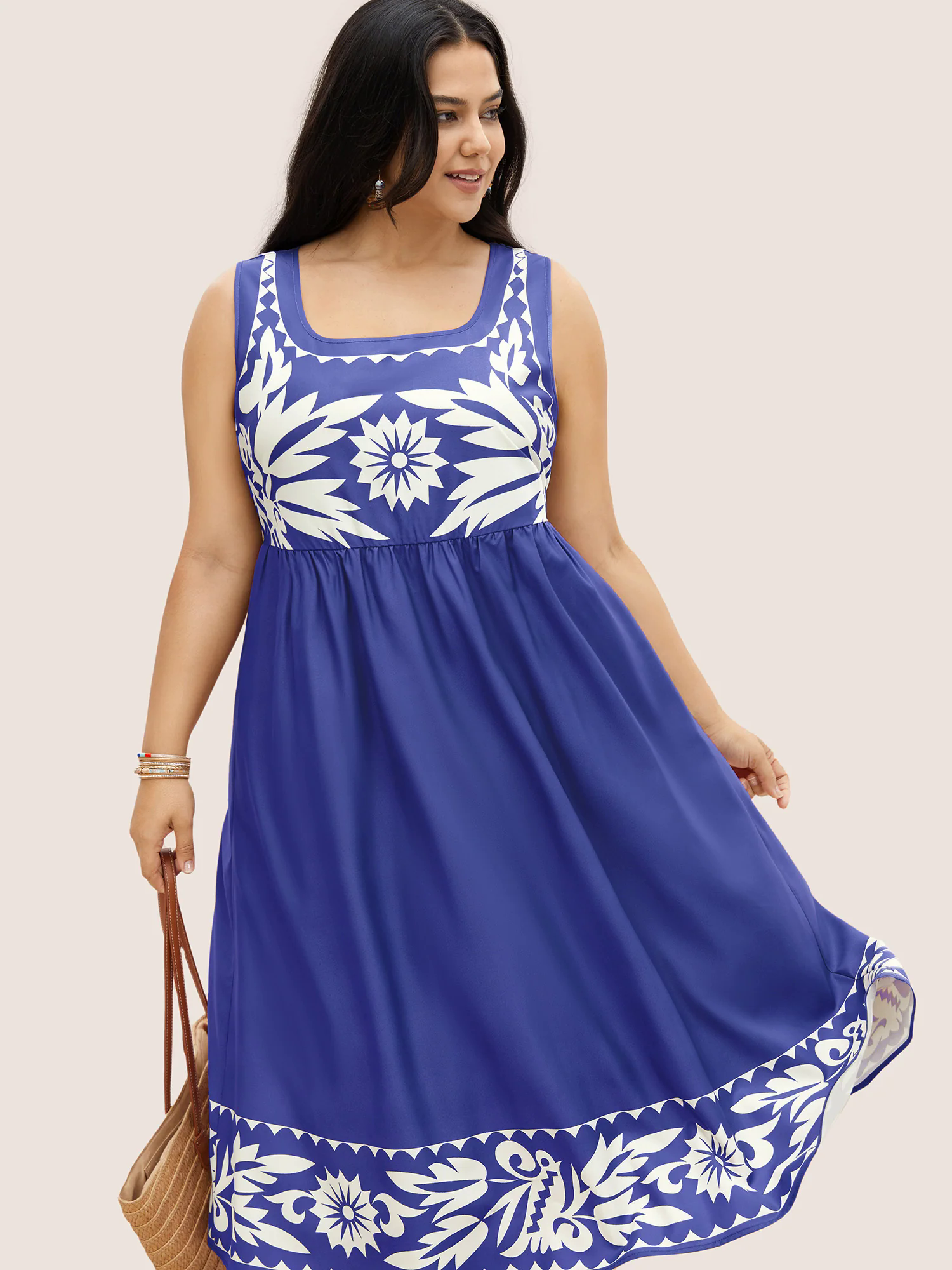 Boho Print Square Neck Elastic Waist Tank Dress Boho Print Square Neck Elastic Waist Tank Dress