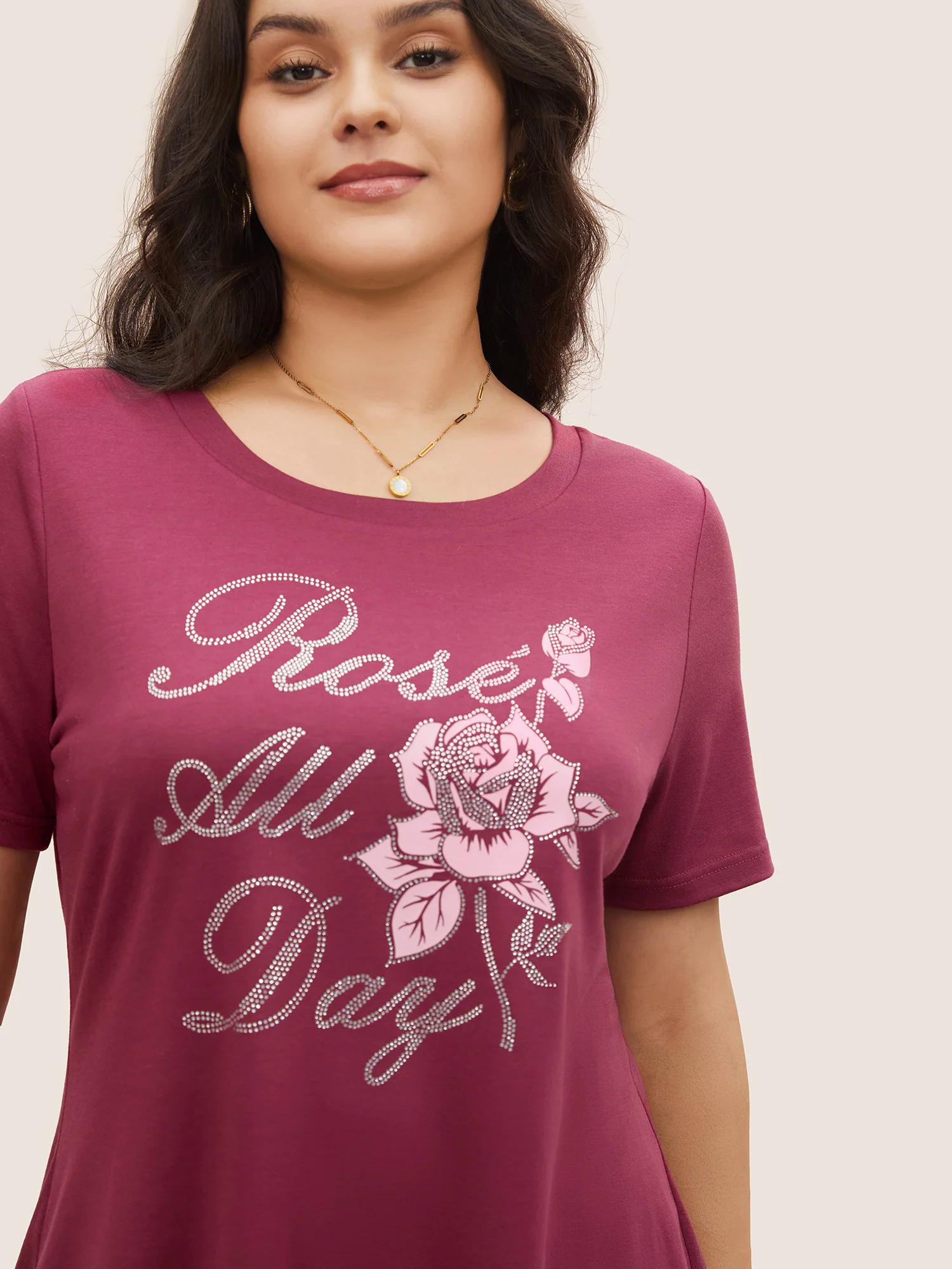 Natural Flowers Rhinestone Round Neck T-shirt Natural Flowers Rhinestone Round Neck T-shirt