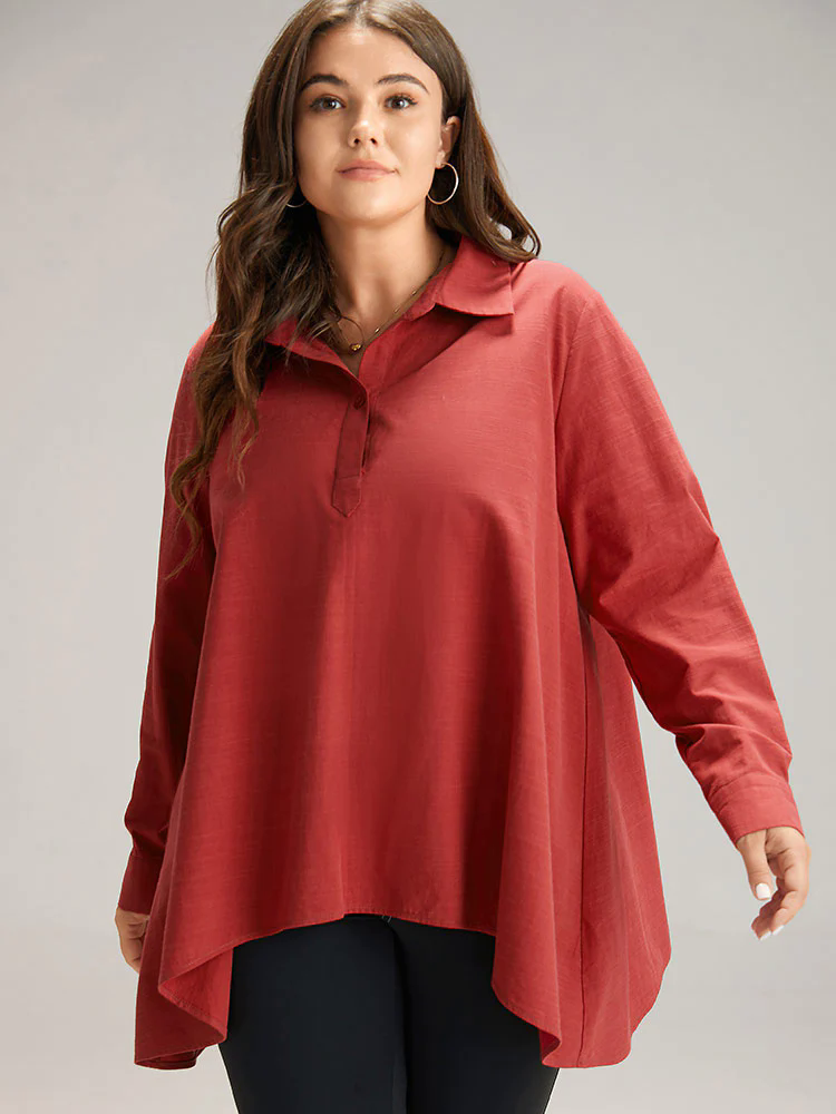 Cotton Curved Hem Button Down Blouse Cotton Curved Hem Button Down Blouse