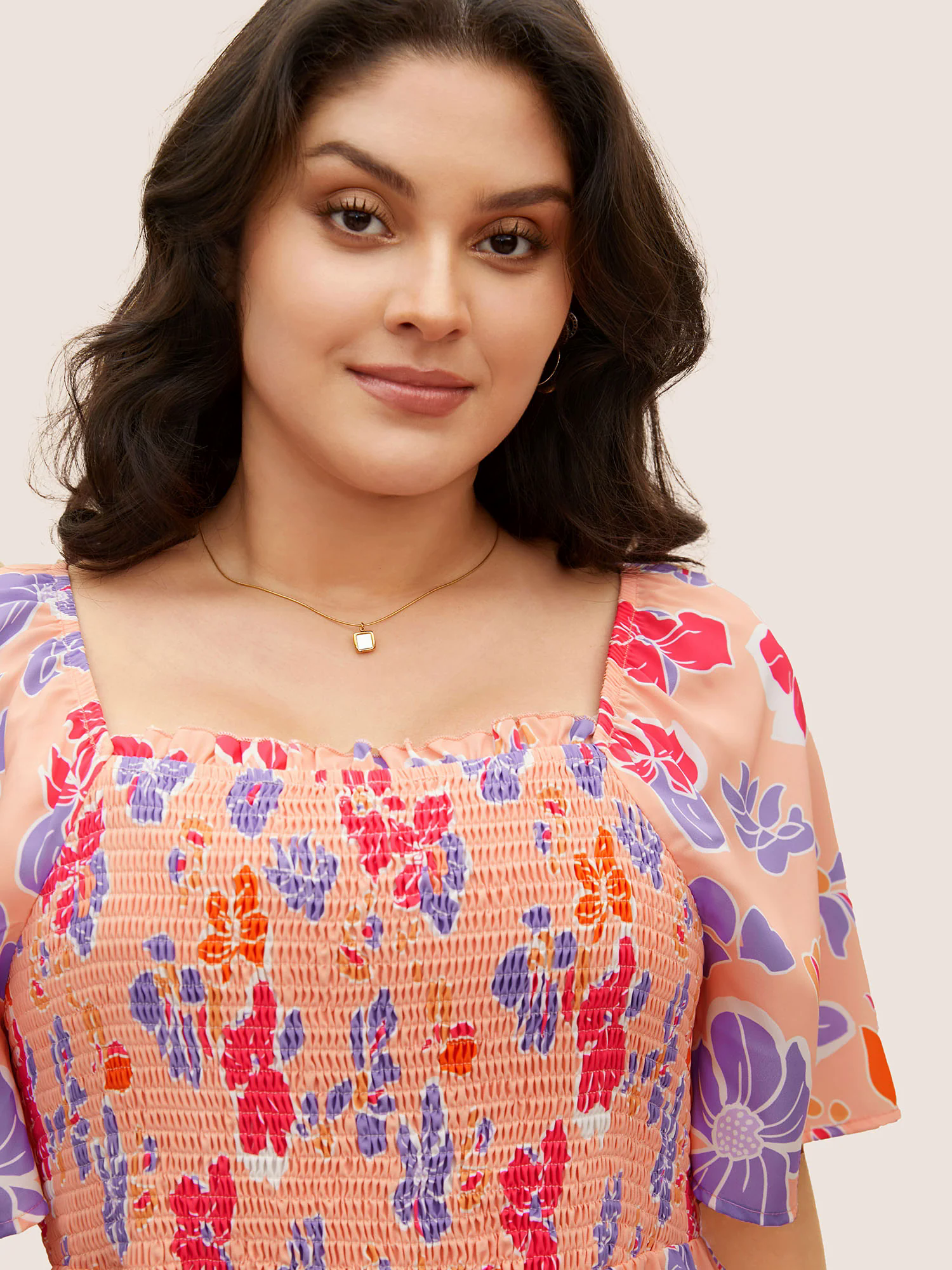 Floral Square Neck Frill Trim Shirred Blouse Floral Square Neck Frill Trim Shirred Blouse