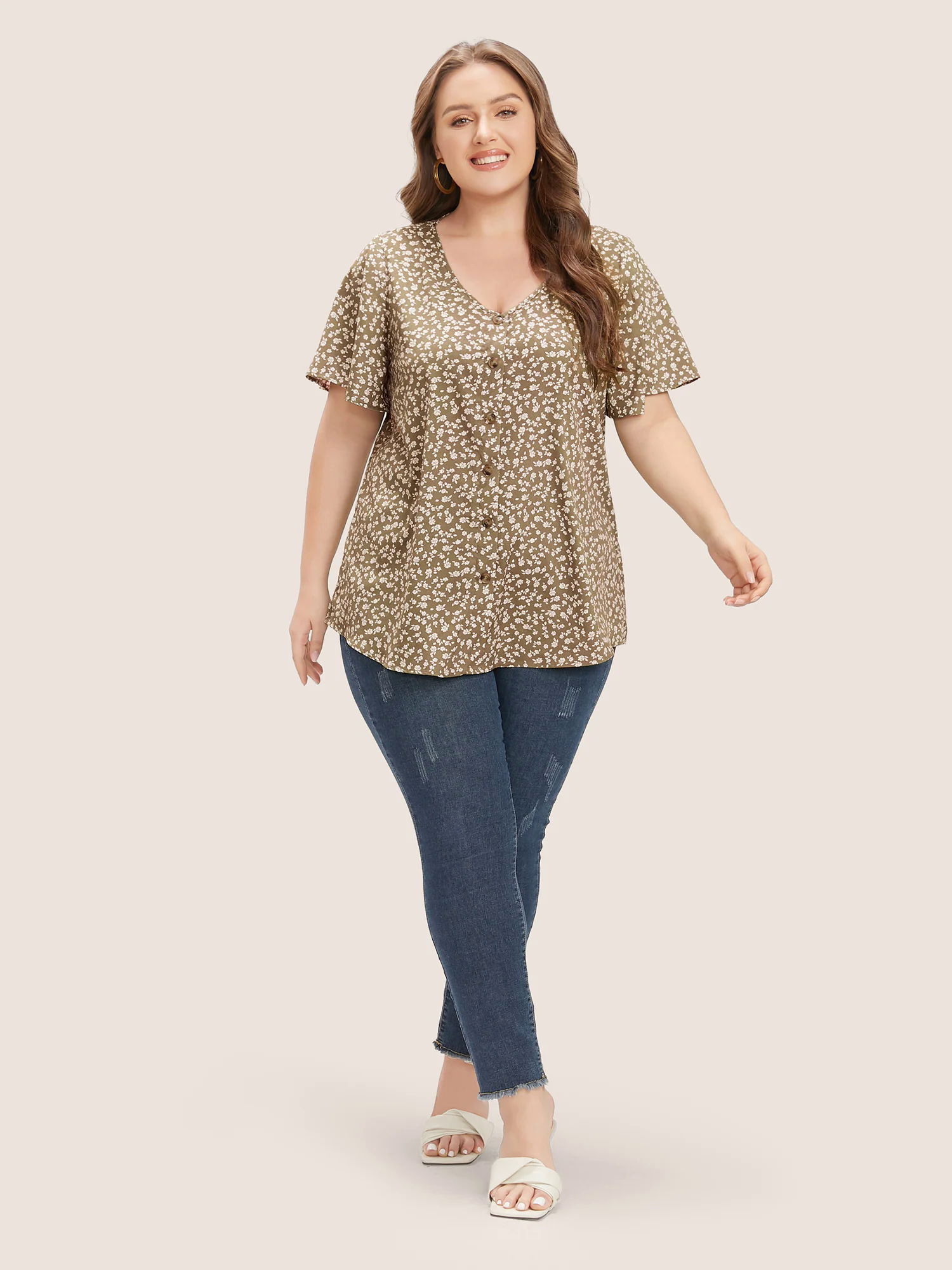 Ditsy Floral Ruffle Sleeve Button Detail Blouse Ditsy Floral Ruffle Sleeve Button Detail Blouse