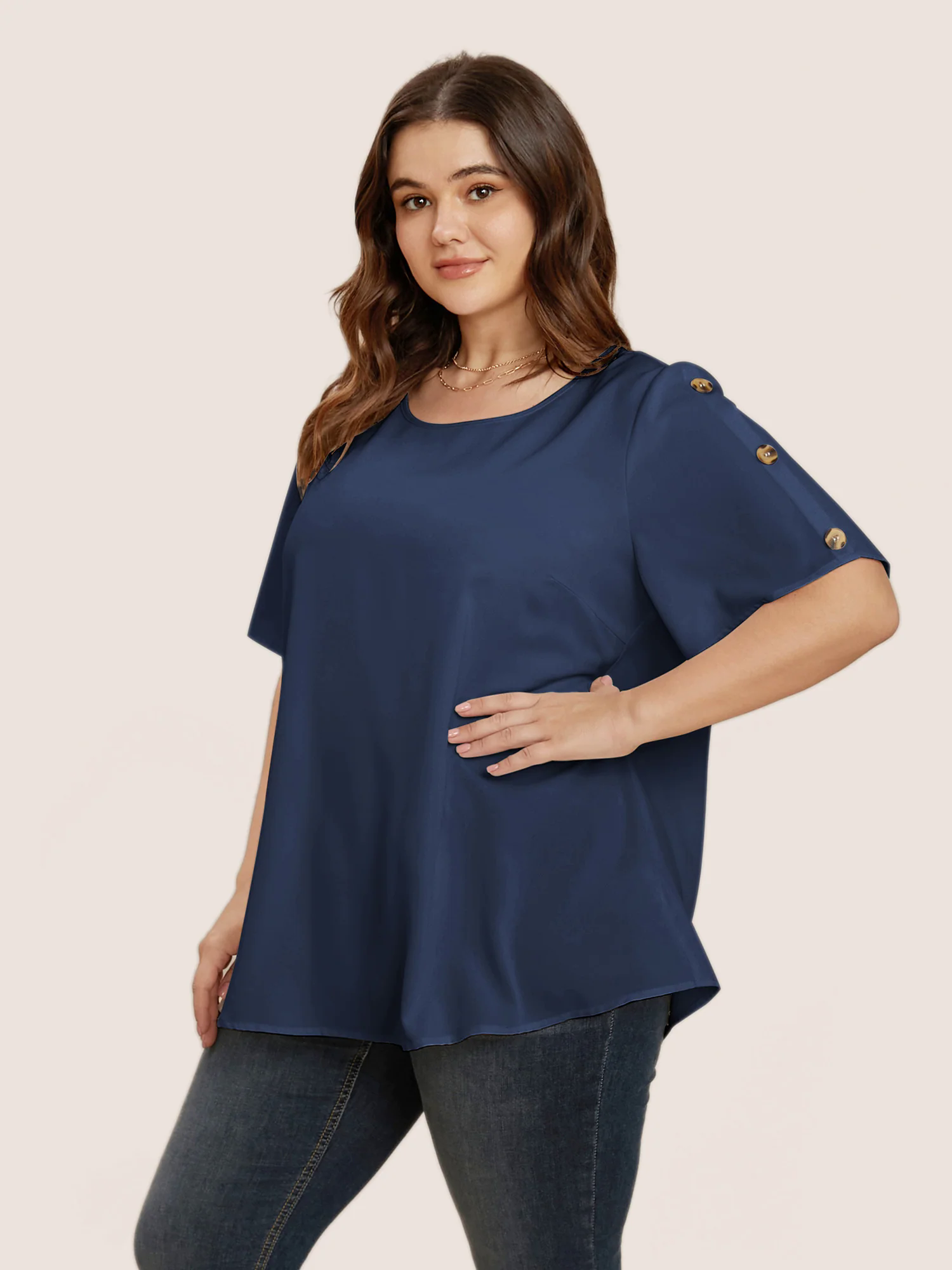 Plain Round Neck Button Detail Blouse