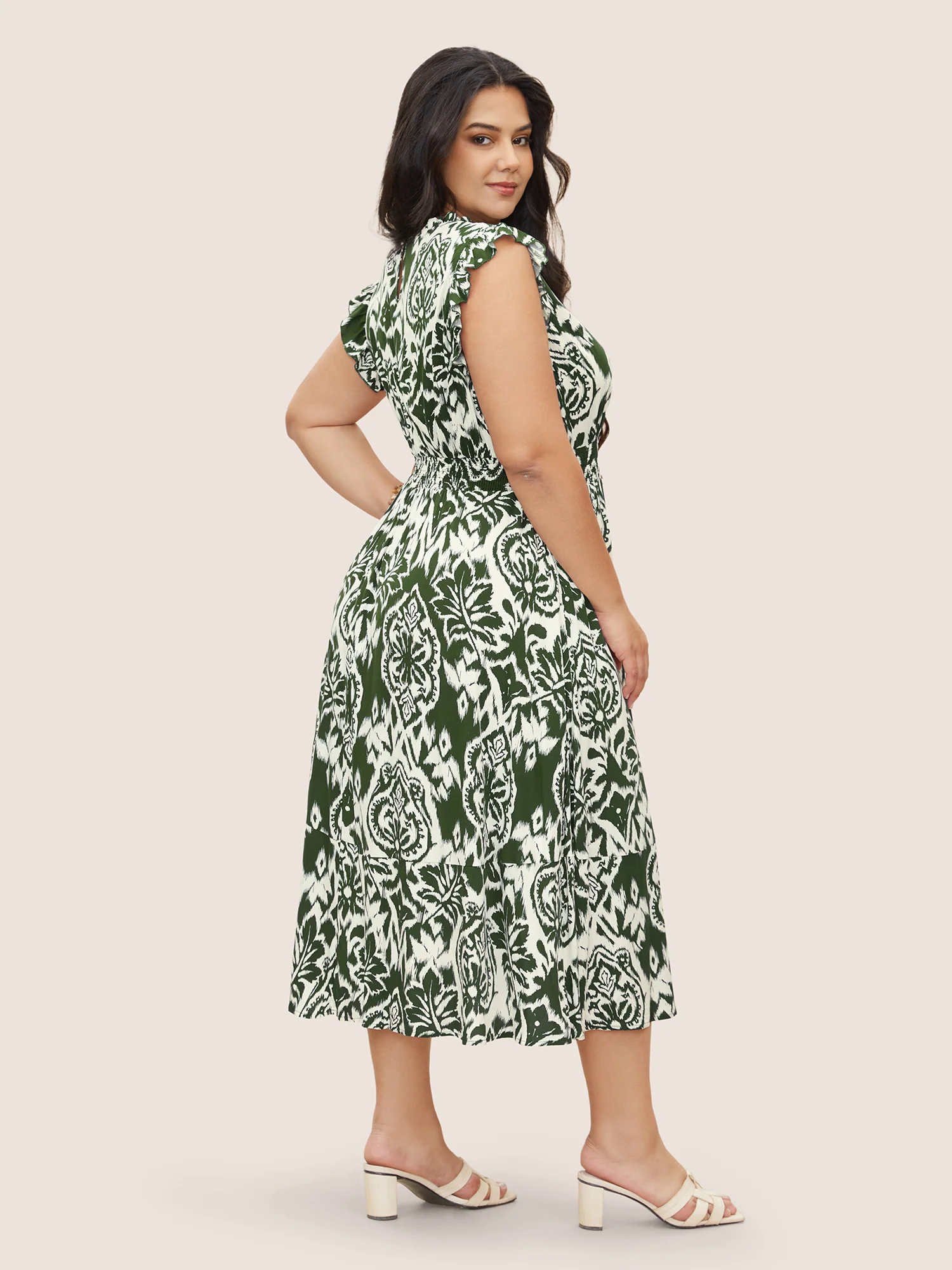 Boho Print Mock Neck Shirred Ruffle Cap Sleeve Dress Boho Print Mock Neck Shirred Ruffle Cap Sleeve Dress