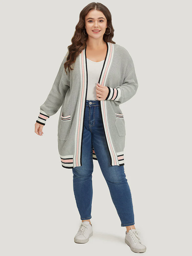 Striped Contrast Drop Shoulder Elastic Cuffs Cardigan Striped Contrast Drop Shoulder Elastic Cuffs Cardigan