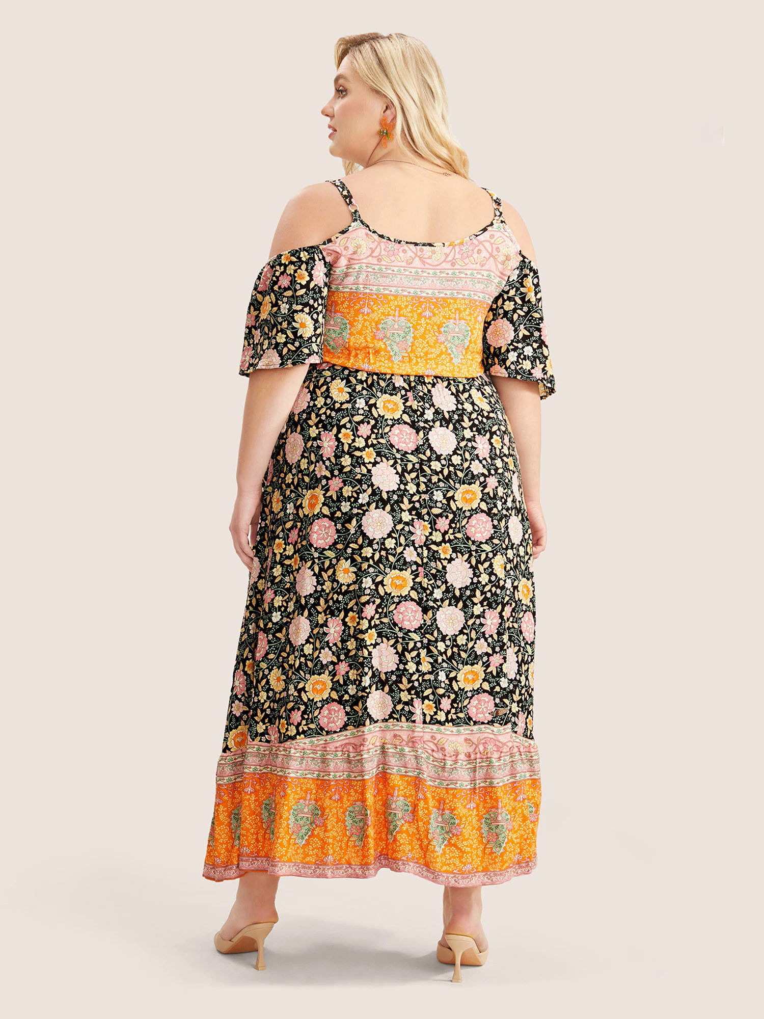 Floral Print Pocket Keyhole Ruffles Cold Shoulder Maxi Dress Floral Print Pocket Keyhole Ruffles Cold Shoulder Maxi Dress
