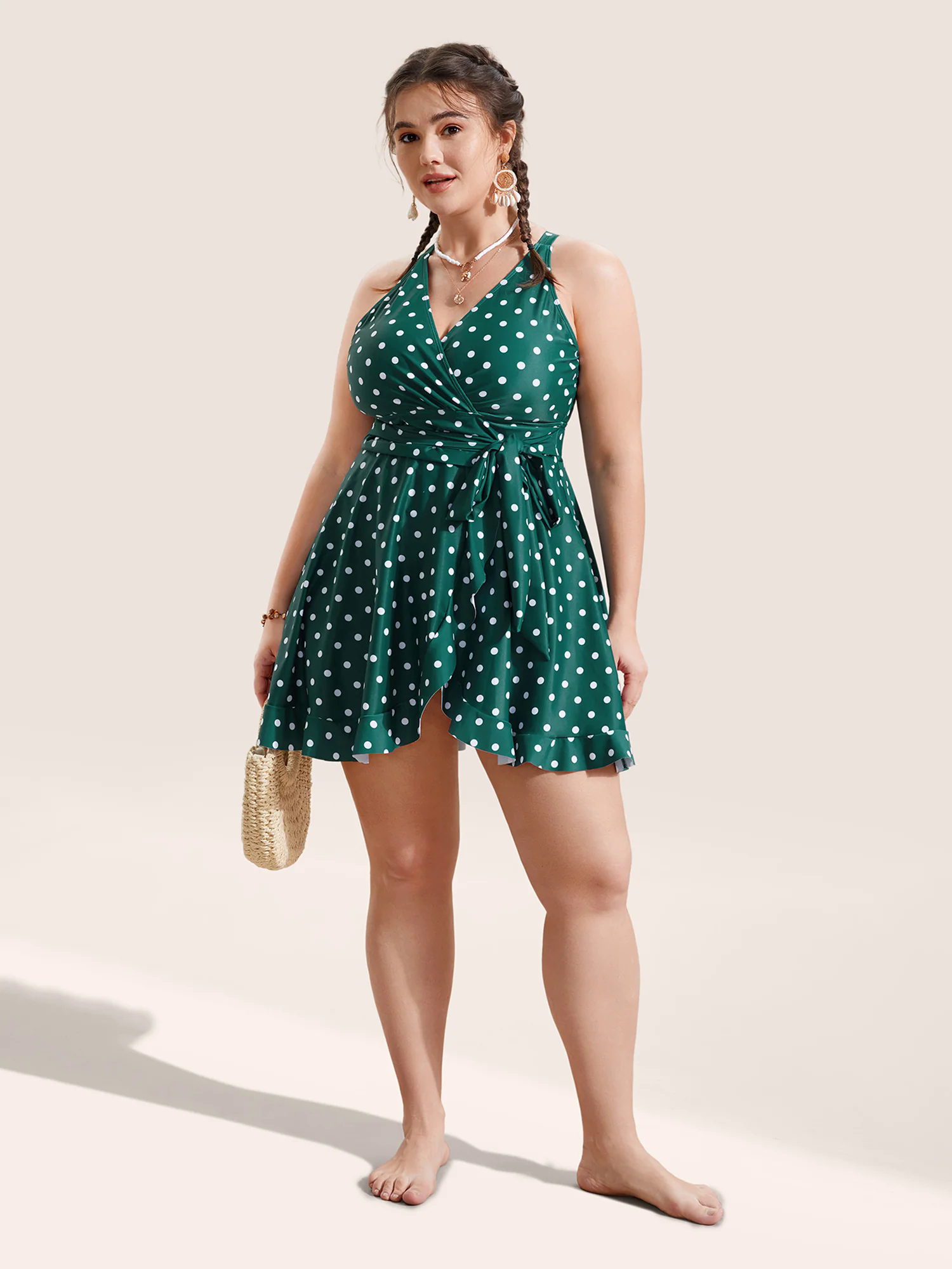 Overlap Collar Polka Dot Tie Knot Ruffles Swim Dress