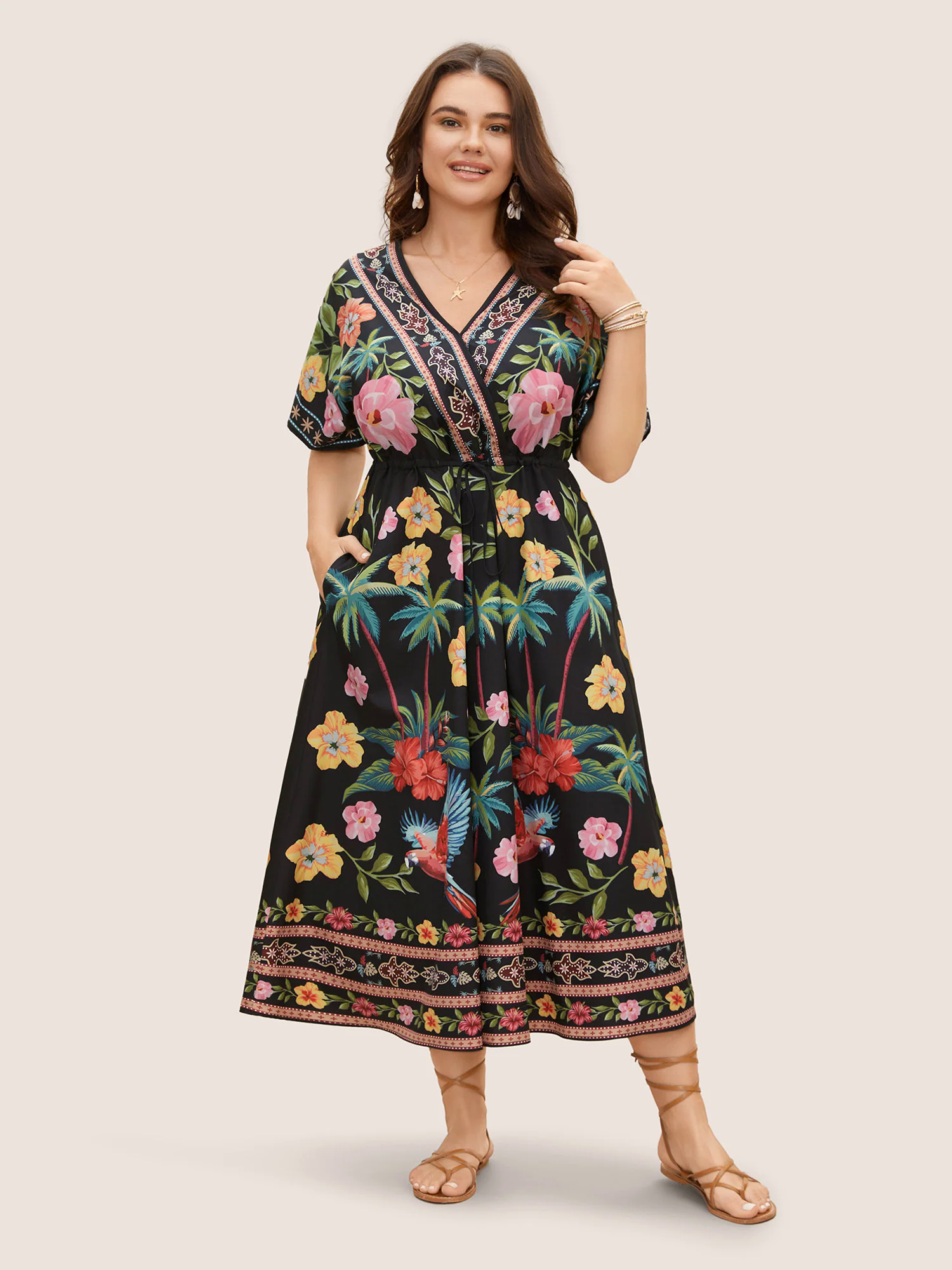 Boho Print Overlap Collar Drawstring Dress