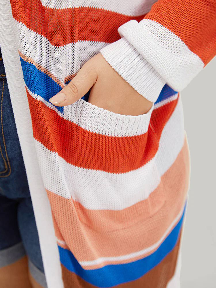 Colorblock Contrast Pocket Tunic Open Front Cardigan