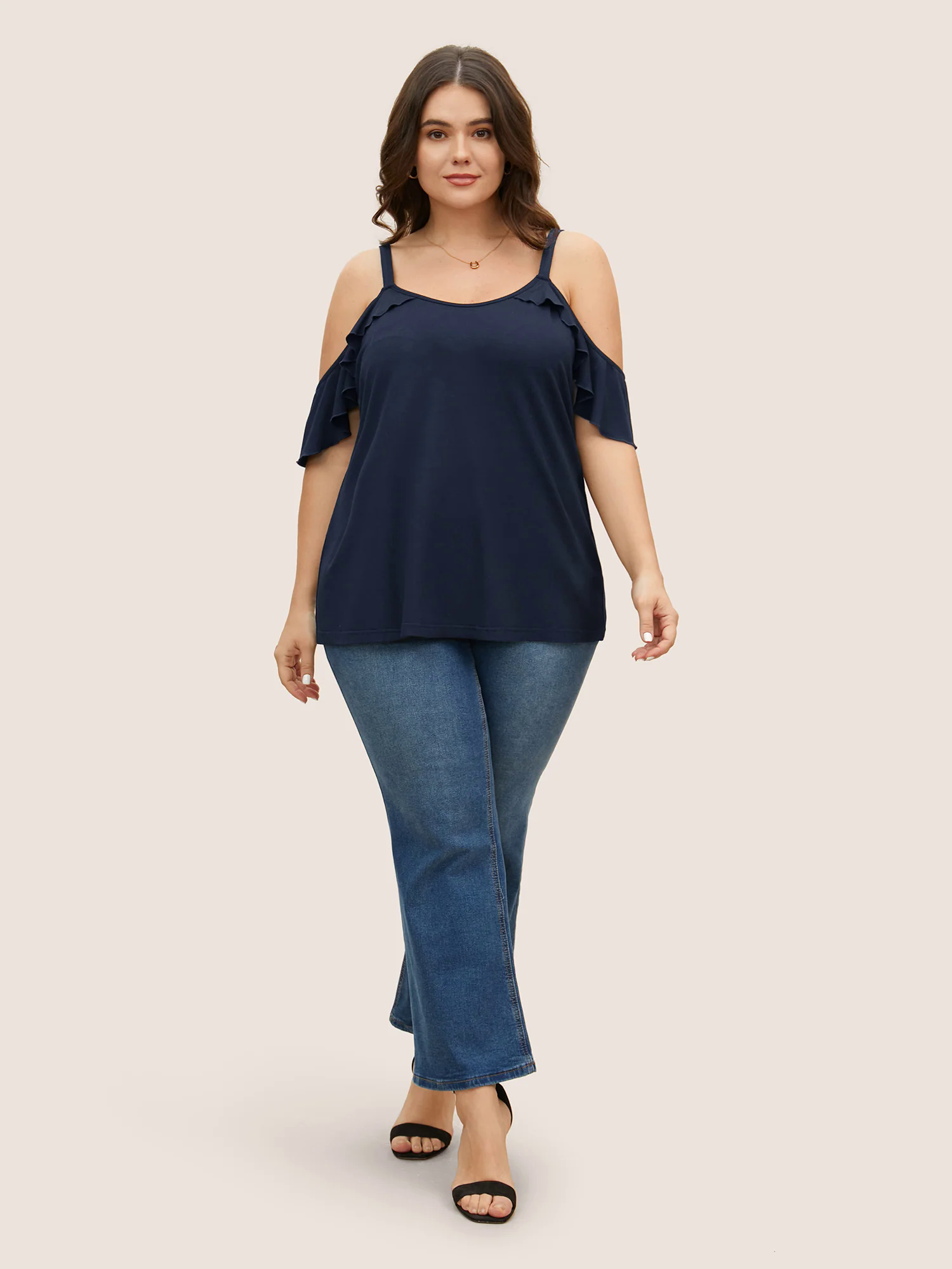 Plain Cold Shoulder Ruffle Trim T-shirt Plain Cold Shoulder Ruffle Trim T-shirt