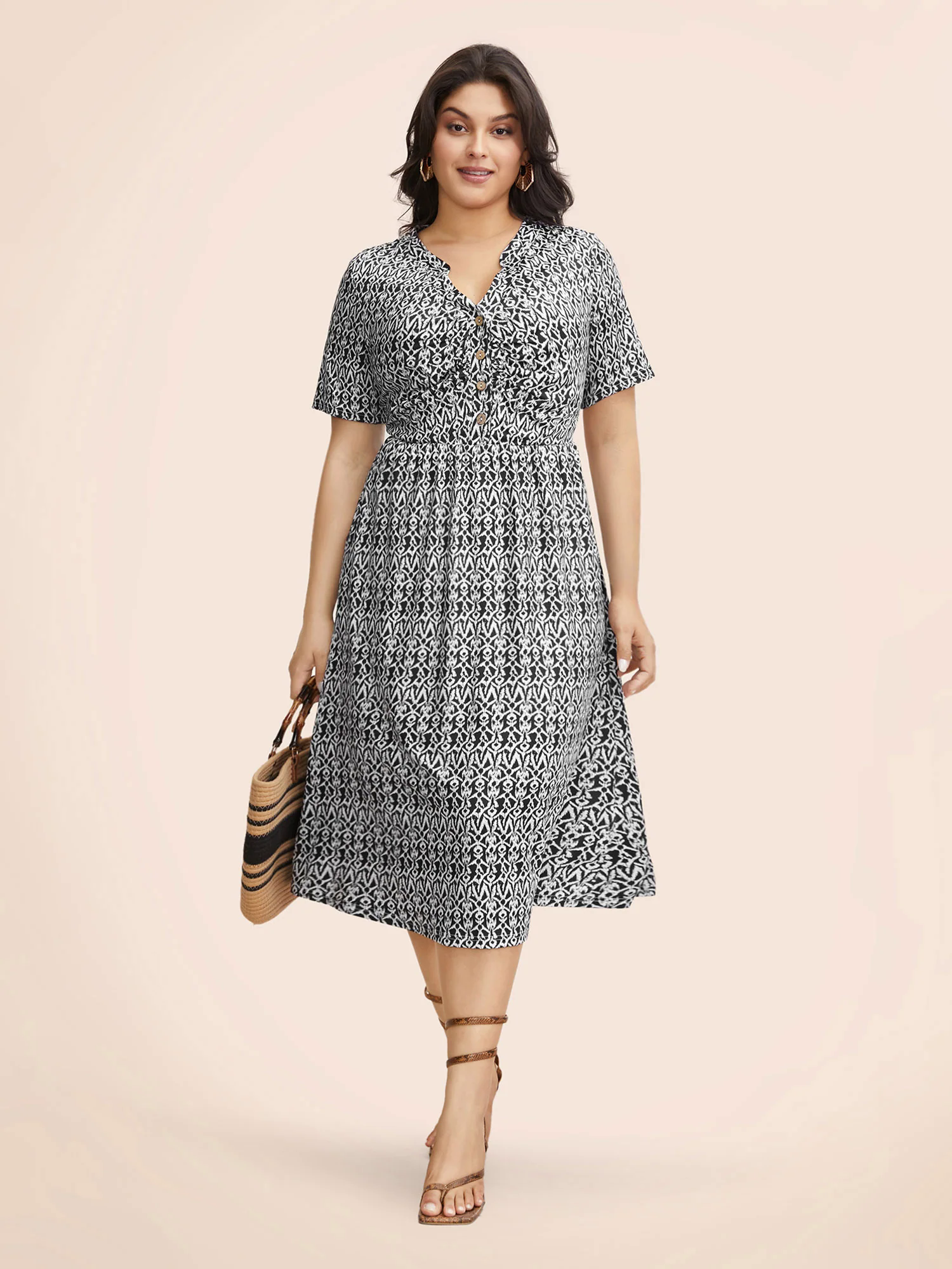Boho Print Notched Collar Ruched Dress Boho Print Notched Collar Ruched Dress