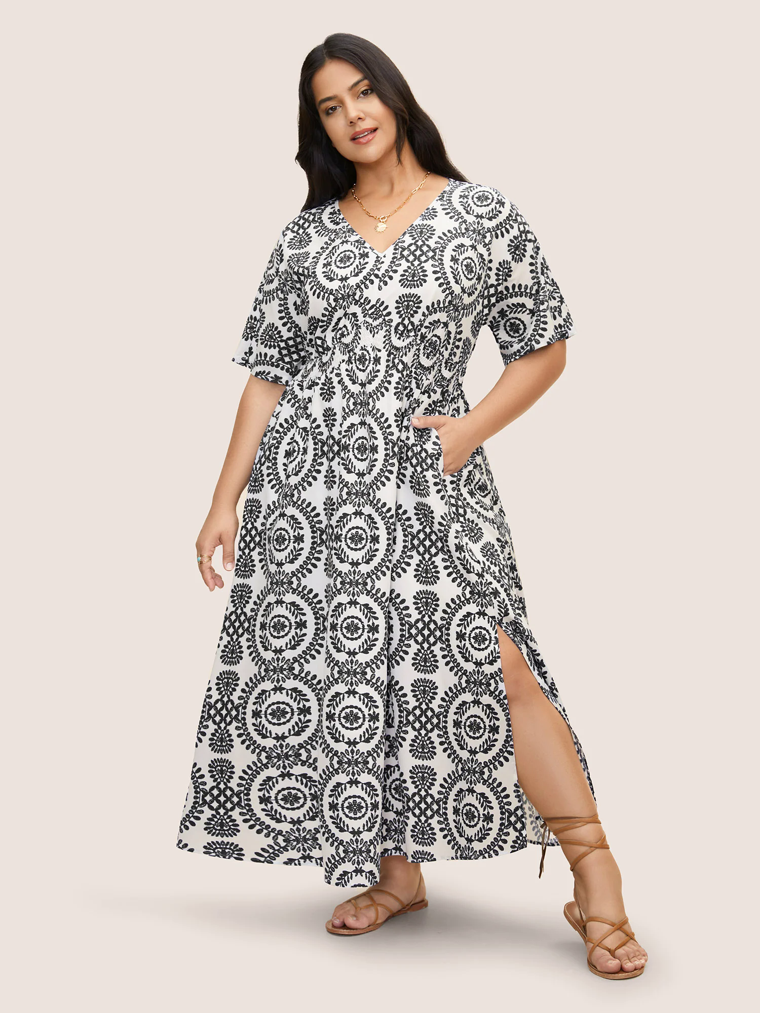 Bandana Print Shirred Split Side Maxi Dress