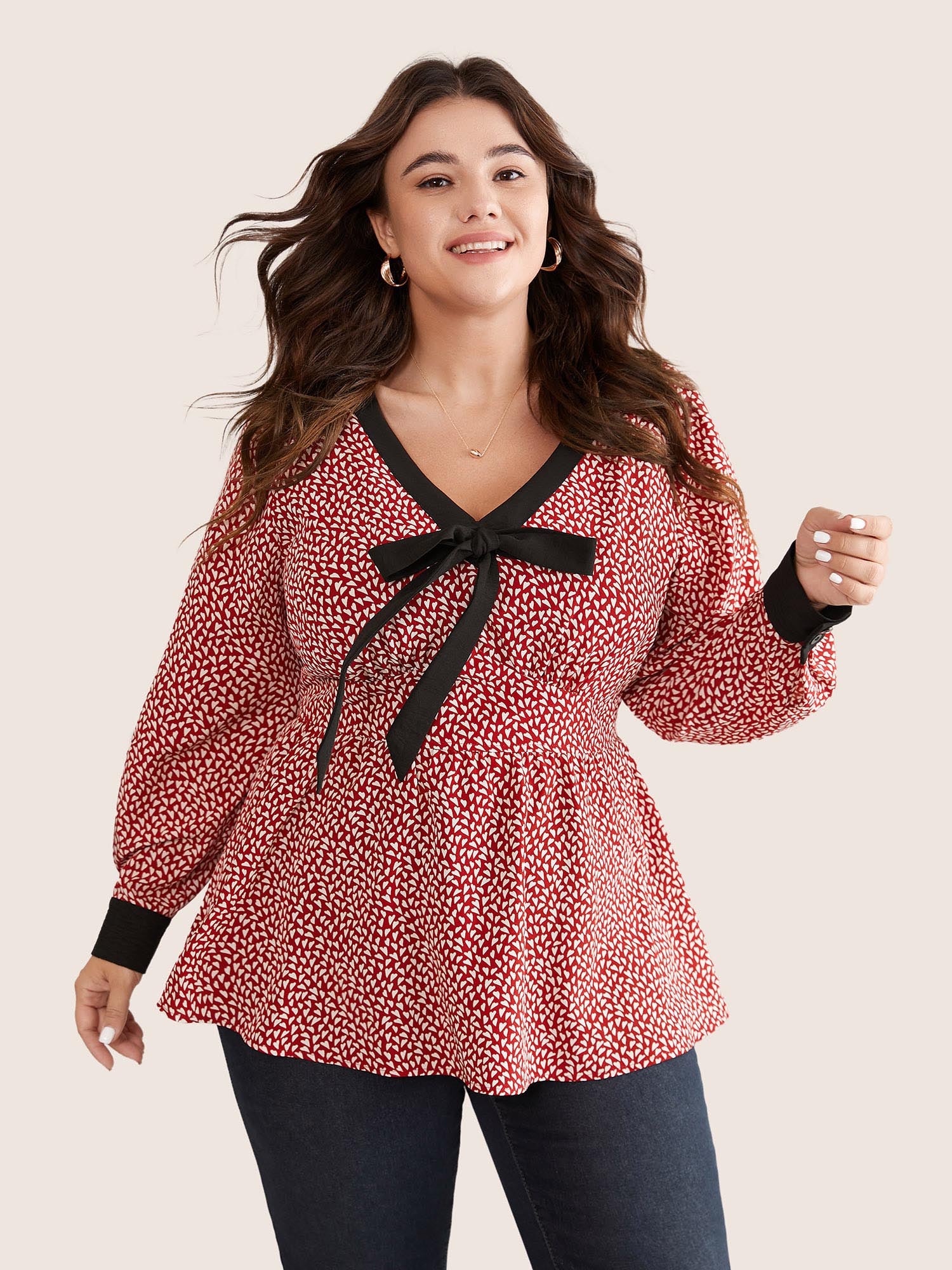 Heart Print Bowknot Elastic Waist Blouse