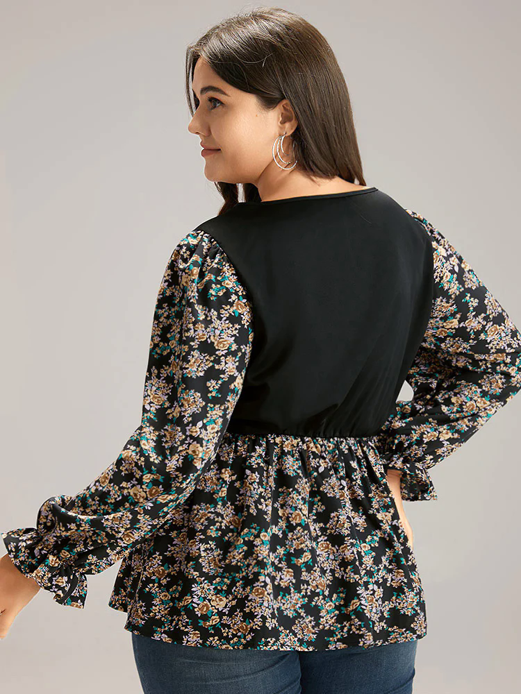 Ditsy Floral Patchwork Elastic Waist Blouse Ditsy Floral Patchwork Elastic Waist Blouse