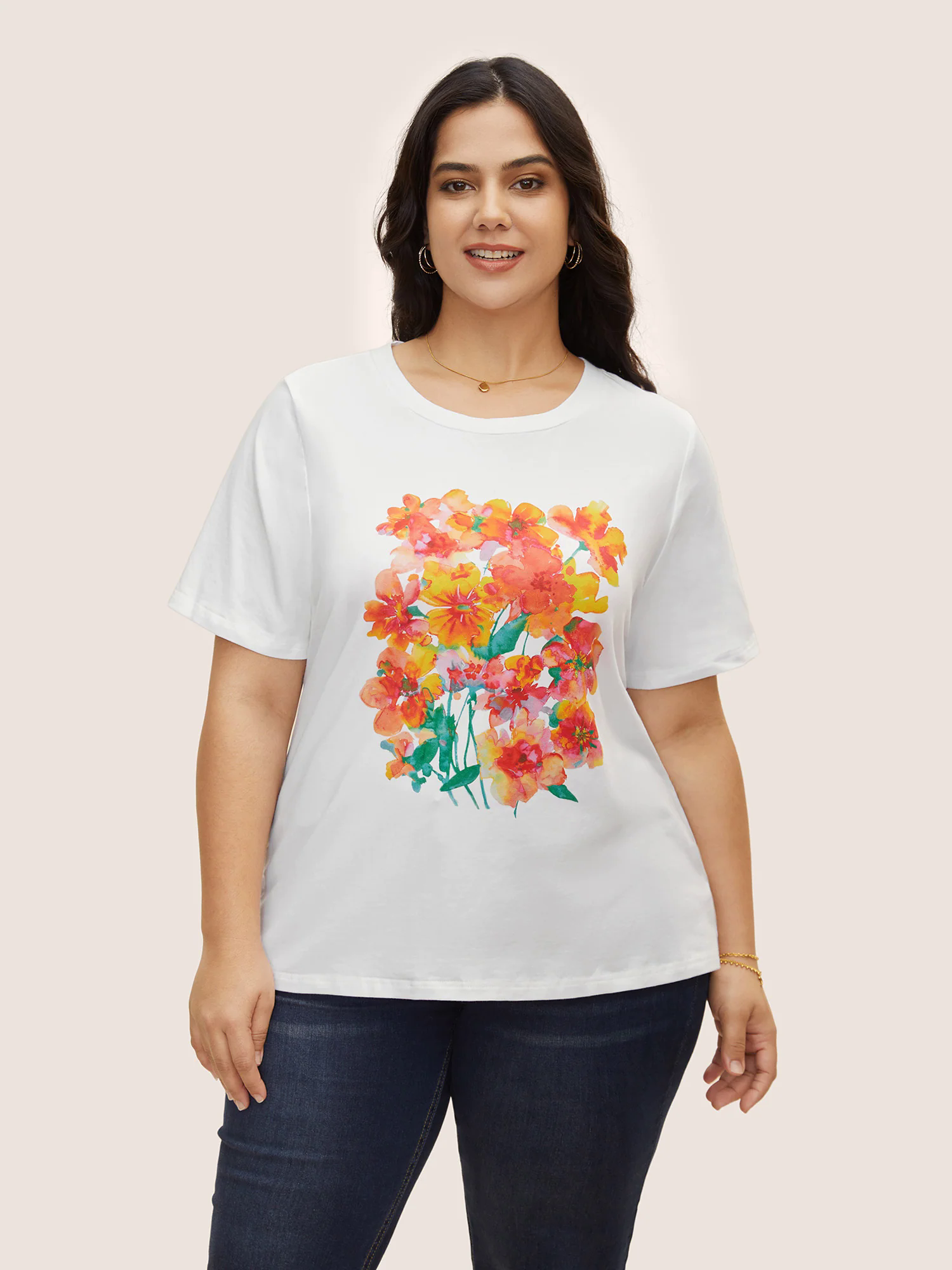 Cotton Crew Neck Flower Print T-shirt Cotton Crew Neck Flower Print T-shirt