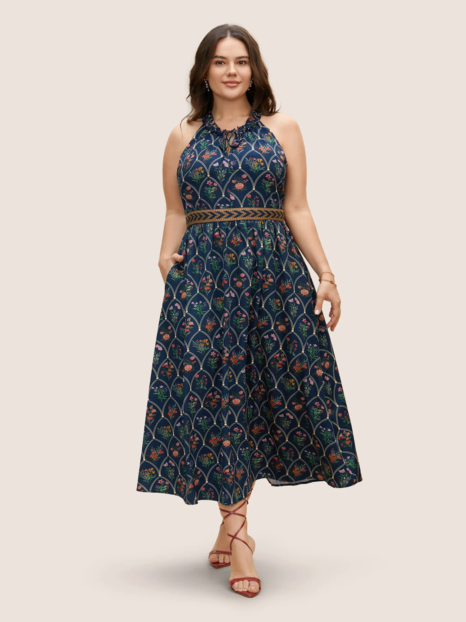 Boho Print Woven Ribbon Tie Knot Frill Trim Dress Boho Print Woven Ribbon Tie Knot Frill Trim Dress