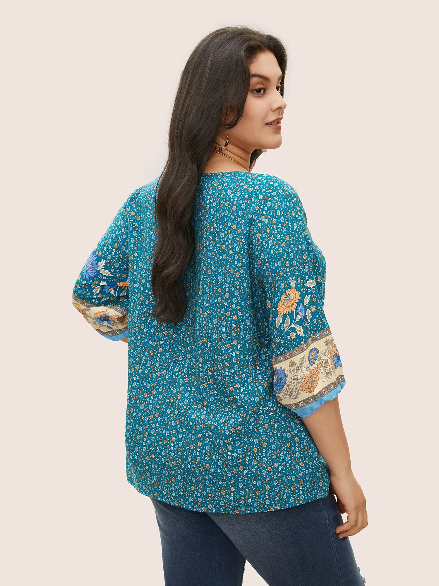 Boho Print Pleated Button Detail Tie Neck Blouse