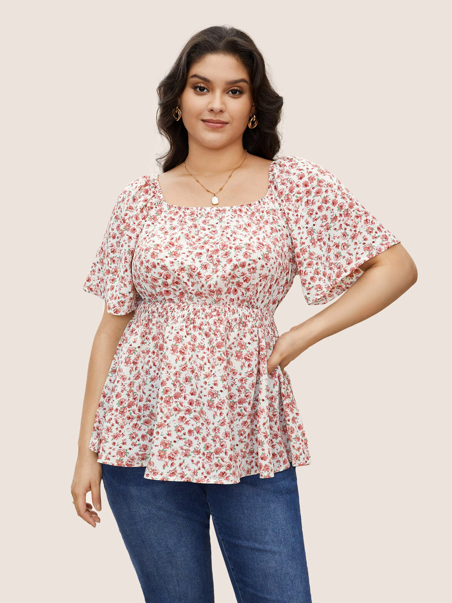 Ditsy Floral Ruffle Sleeve Shirred Square Neck Blouse Ditsy Floral Ruffle Sleeve Shirred Square Neck Blouse