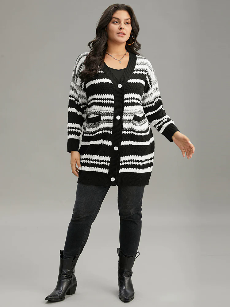 Striped Patched Pocket Button Up Cardigan Striped Patched Pocket Button Up Cardigan