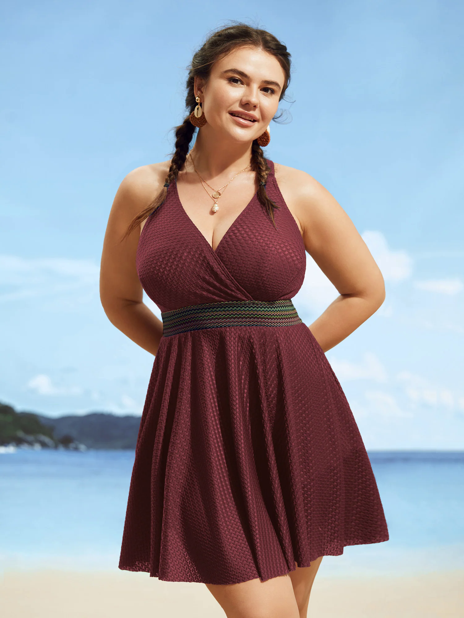 Overlap Collar Textured Gathered Pocket Swim Dress Overlap Collar Textured Gathered Pocket Swim Dress