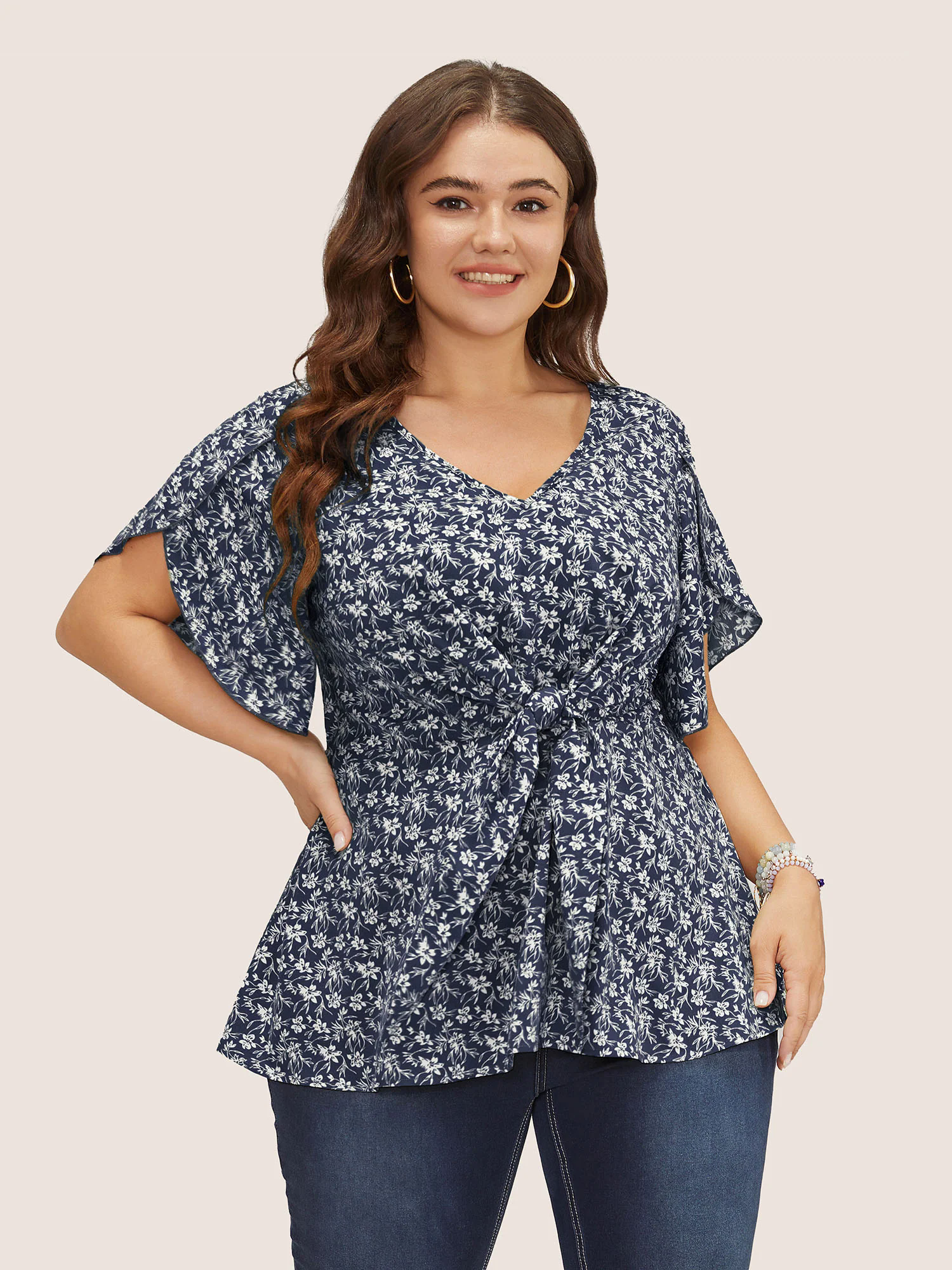 Ditsy Floral Split Petal Sleeve Tie Front Blouse Ditsy Floral Split Petal Sleeve Tie Front Blouse