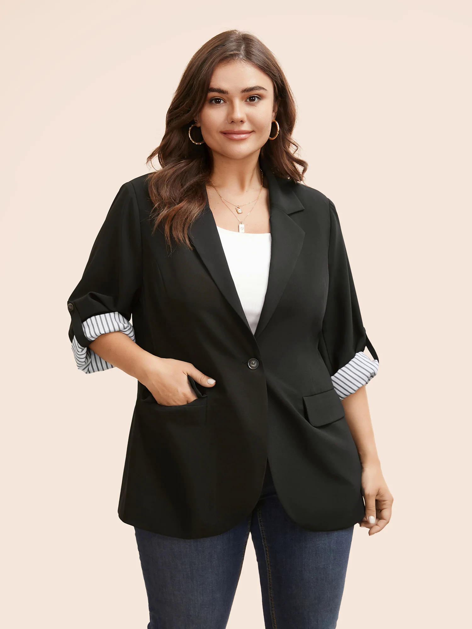Suit Collar Striped Patchwork Tab Sleeve Blazer Suit Collar Striped Patchwork Tab Sleeve Blazer
