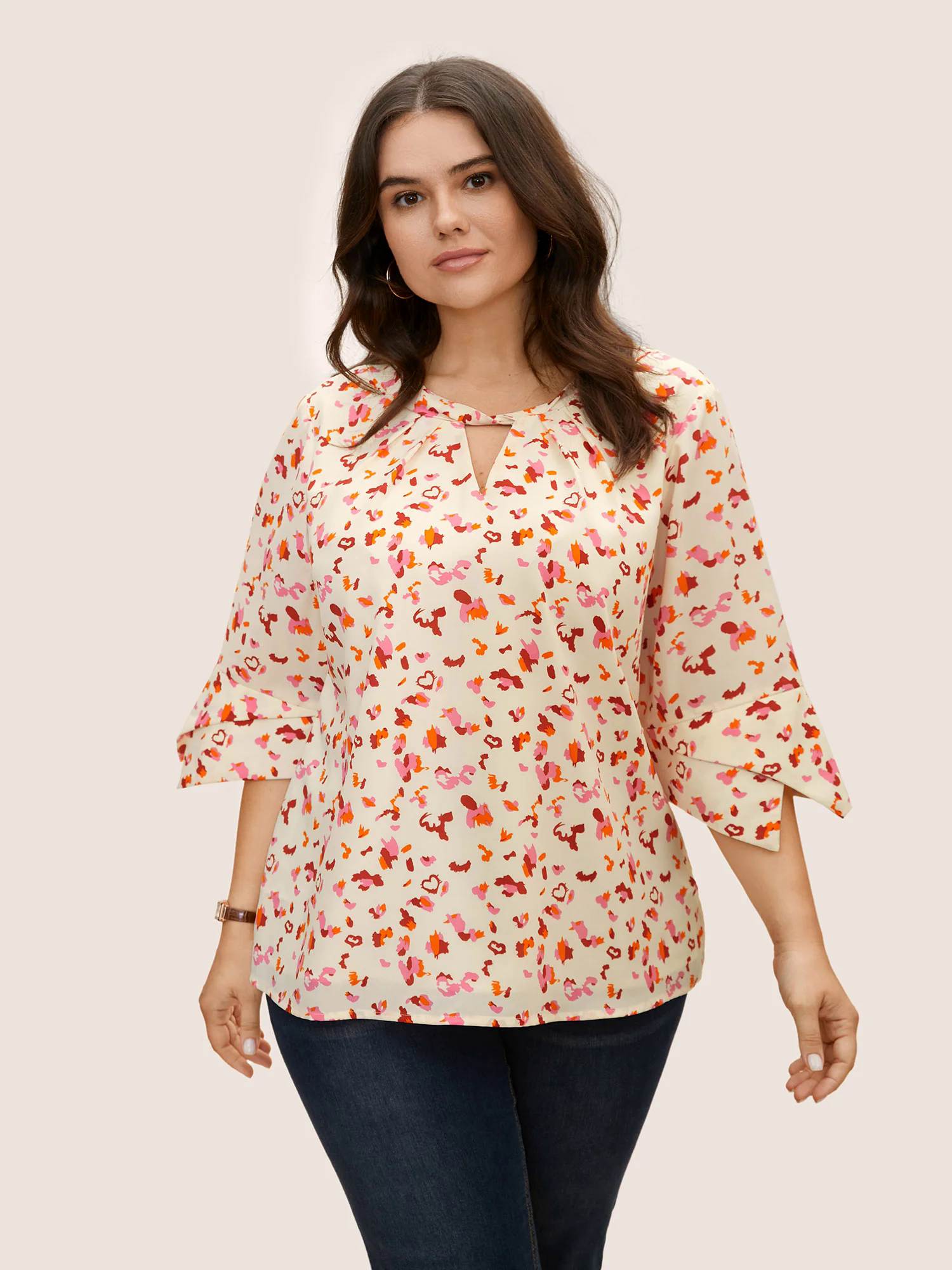 Allover Print Ruffle Sleeve Keyhole Blouse Allover Print Ruffle Sleeve Keyhole Blouse
