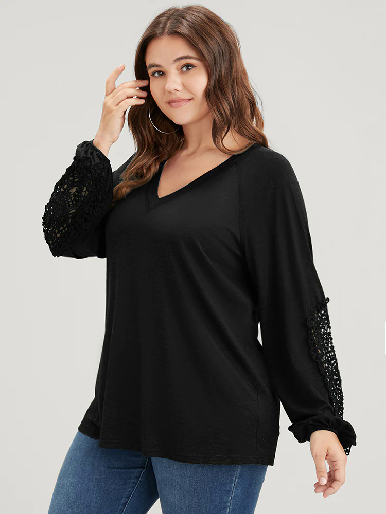Solid Cut Out Eyelet Lace Long Tee