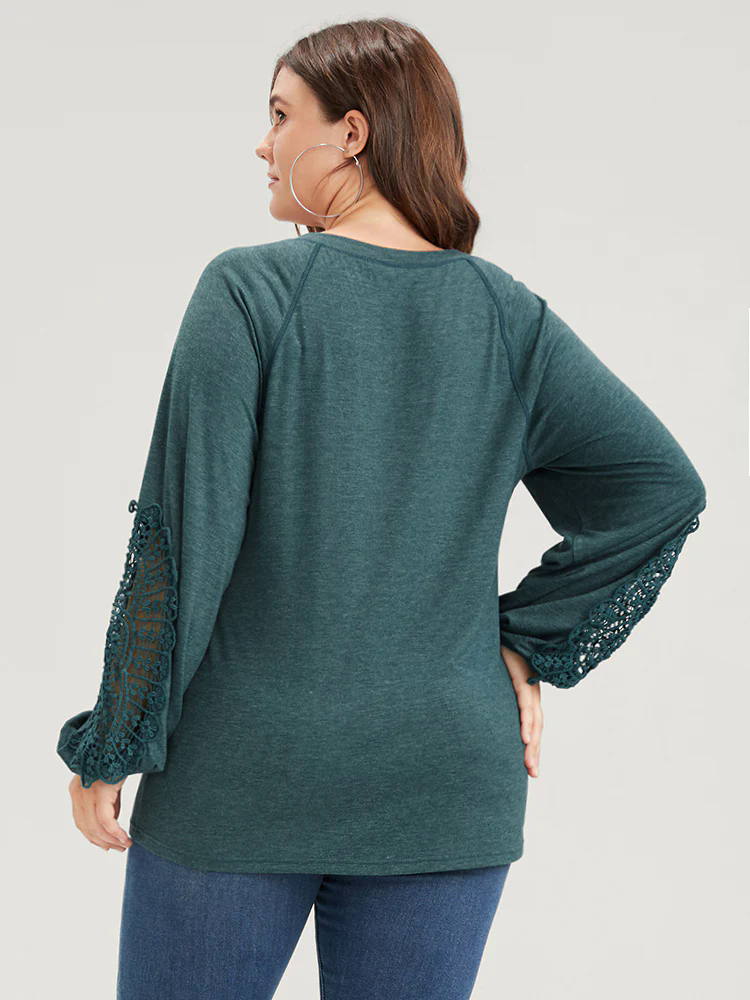 Solid Cut Out Eyelet Lace Long Tee