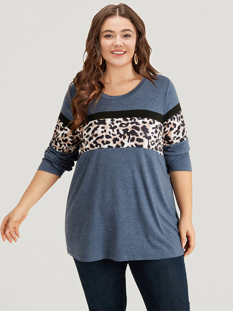 Leopard Heather Patchwork Crew Neck T-shirt Leopard Heather Patchwork Crew Neck T-shirt