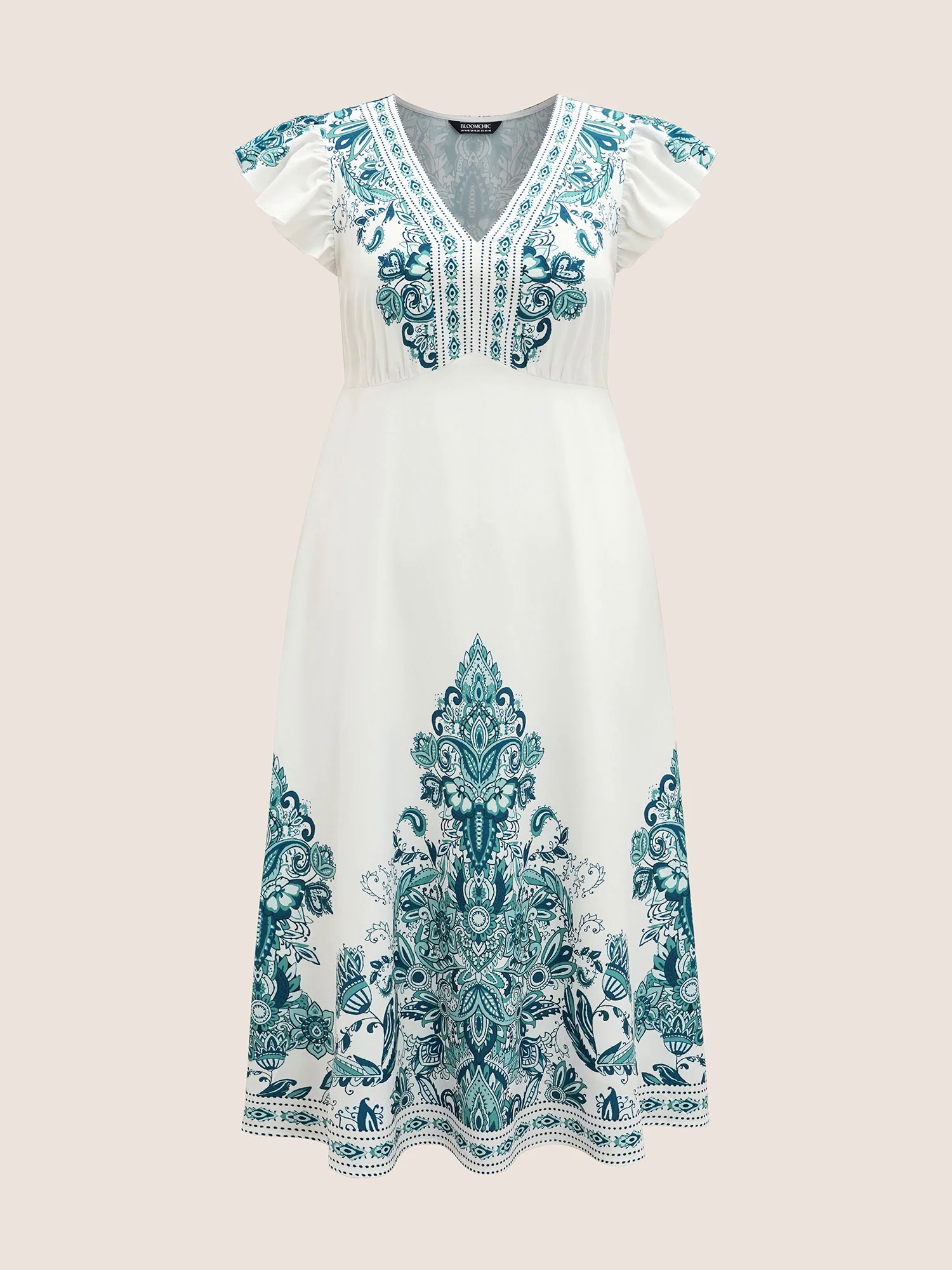 V Neck Boho Print Ruffle Cap Sleeve Dress V Neck Boho Print Ruffle Cap Sleeve Dress