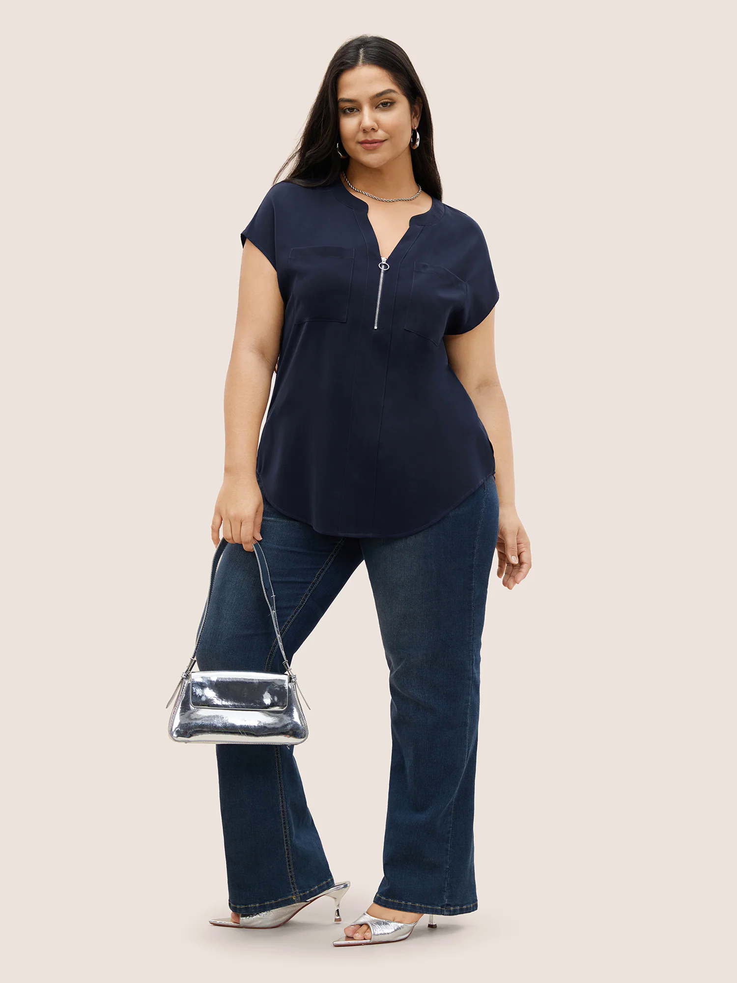 Plain Half Zip Patched Pocket Dolman Sleeve Blouse Plain Half Zip Patched Pocket Dolman Sleeve Blouse