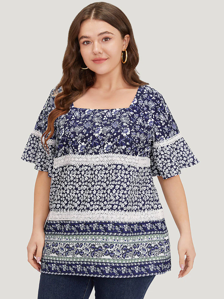 Ditsy Floral Patchwork Square Neck Flutter Sleeve Blouse Ditsy Floral Patchwork Square Neck Flutter Sleeve Blouse