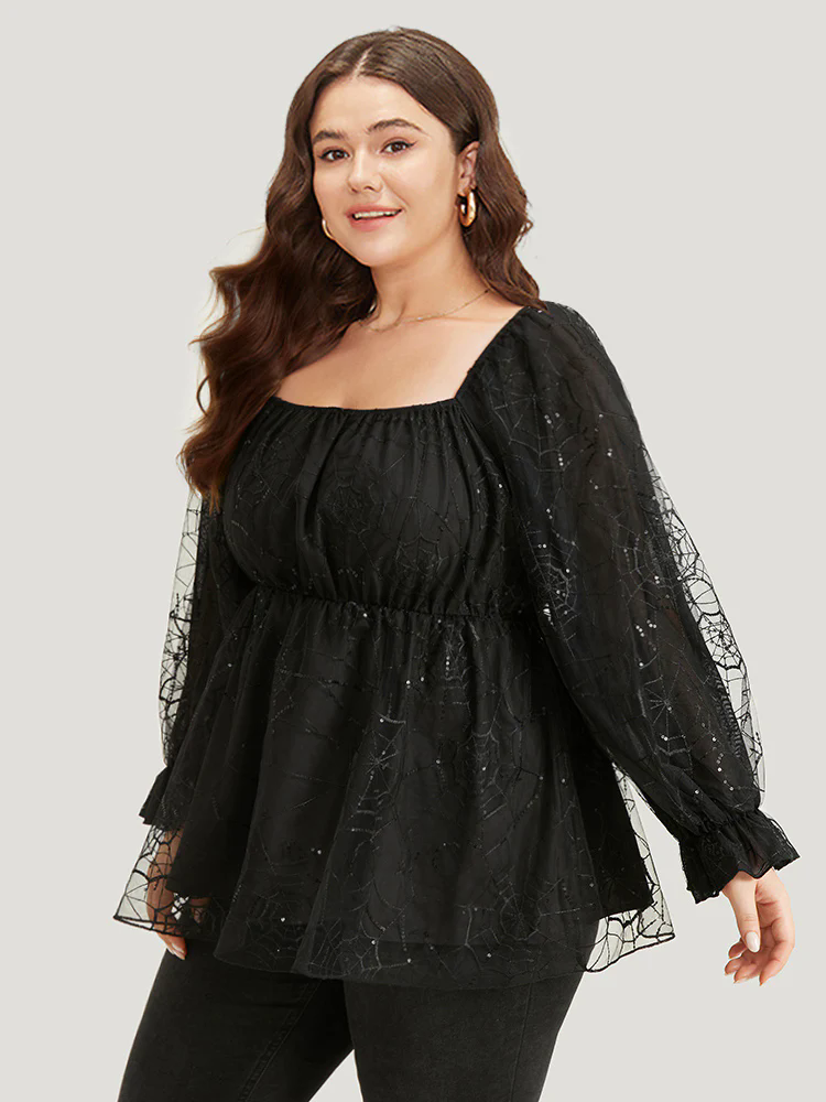 Halloween Square Neck Spider Web Crochet Lace Mesh Blouse Halloween Square Neck Spider Web Crochet Lace Mesh Blouse