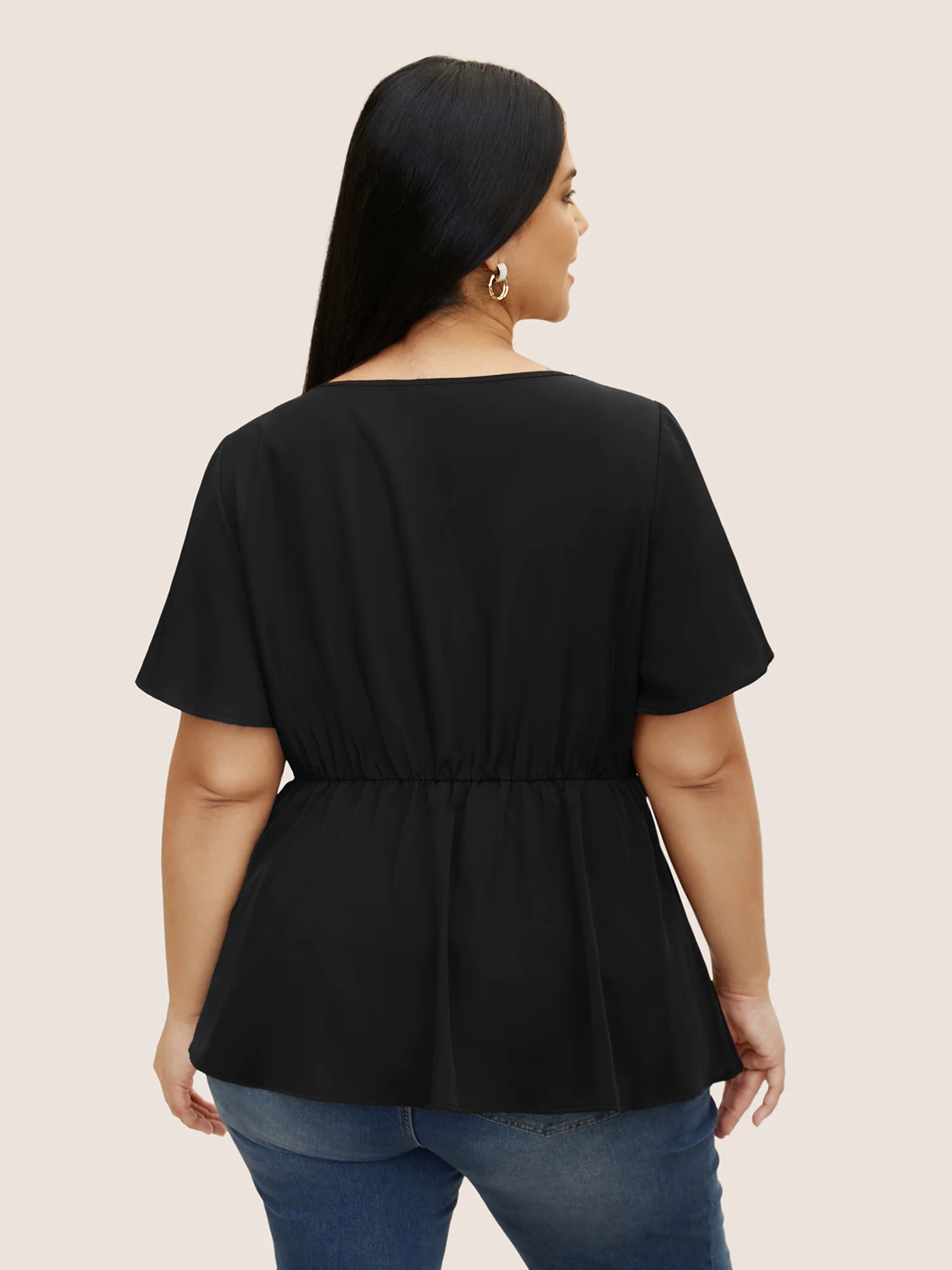 Plain Cut Out Gathered Flutter Sleeve Blouse