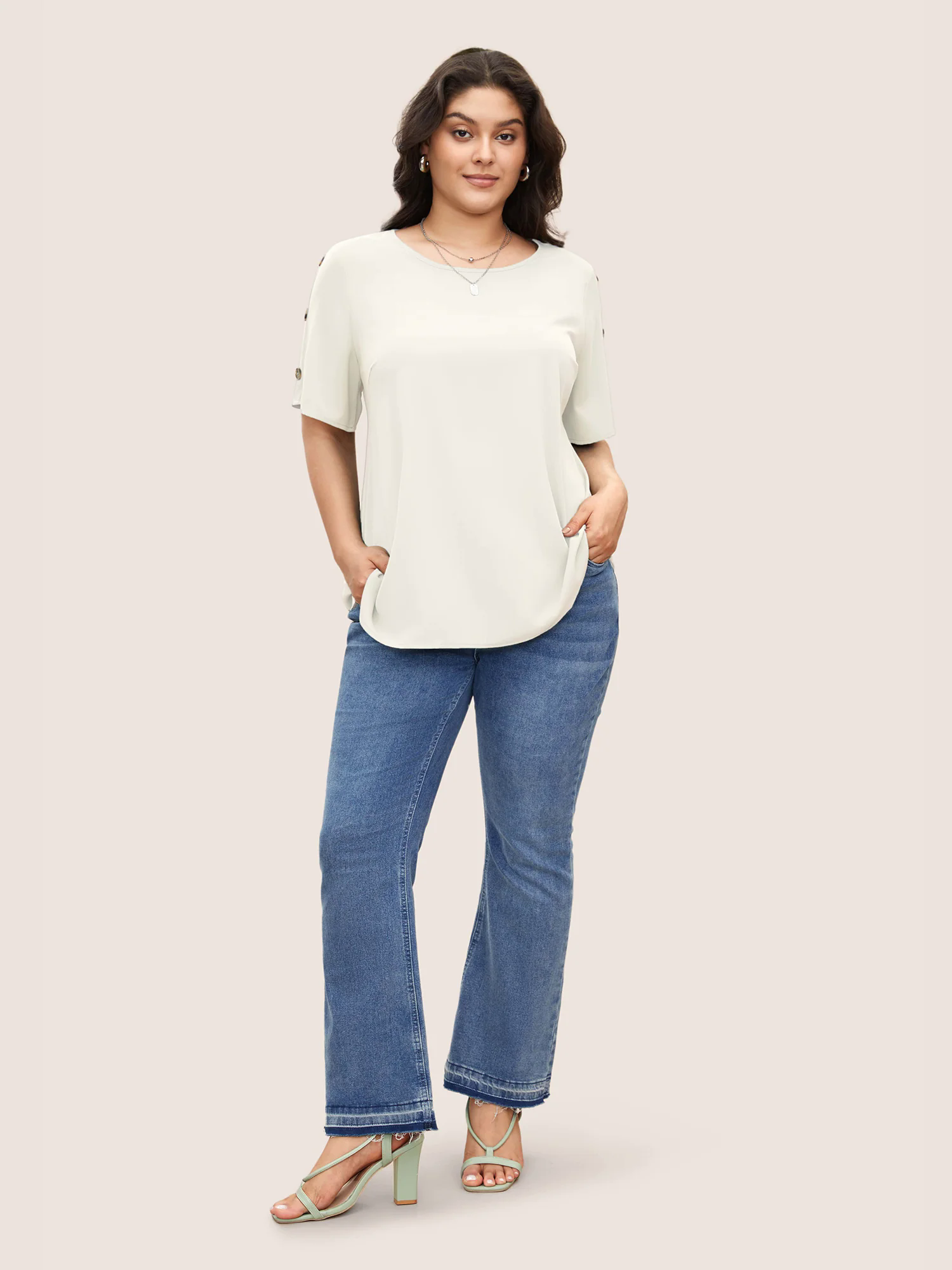 Plain Round Neck Button Detail Blouse