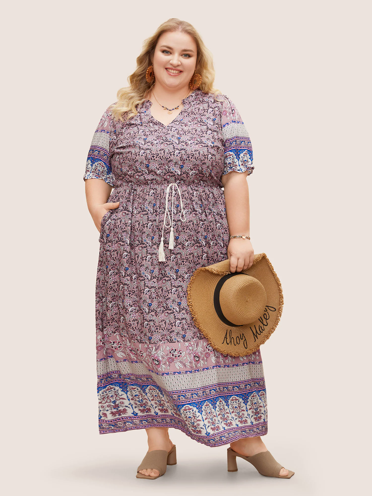 Boho Print Notched Ties Tassel Trim Dress Boho Print Notched Ties Tassel Trim Dress