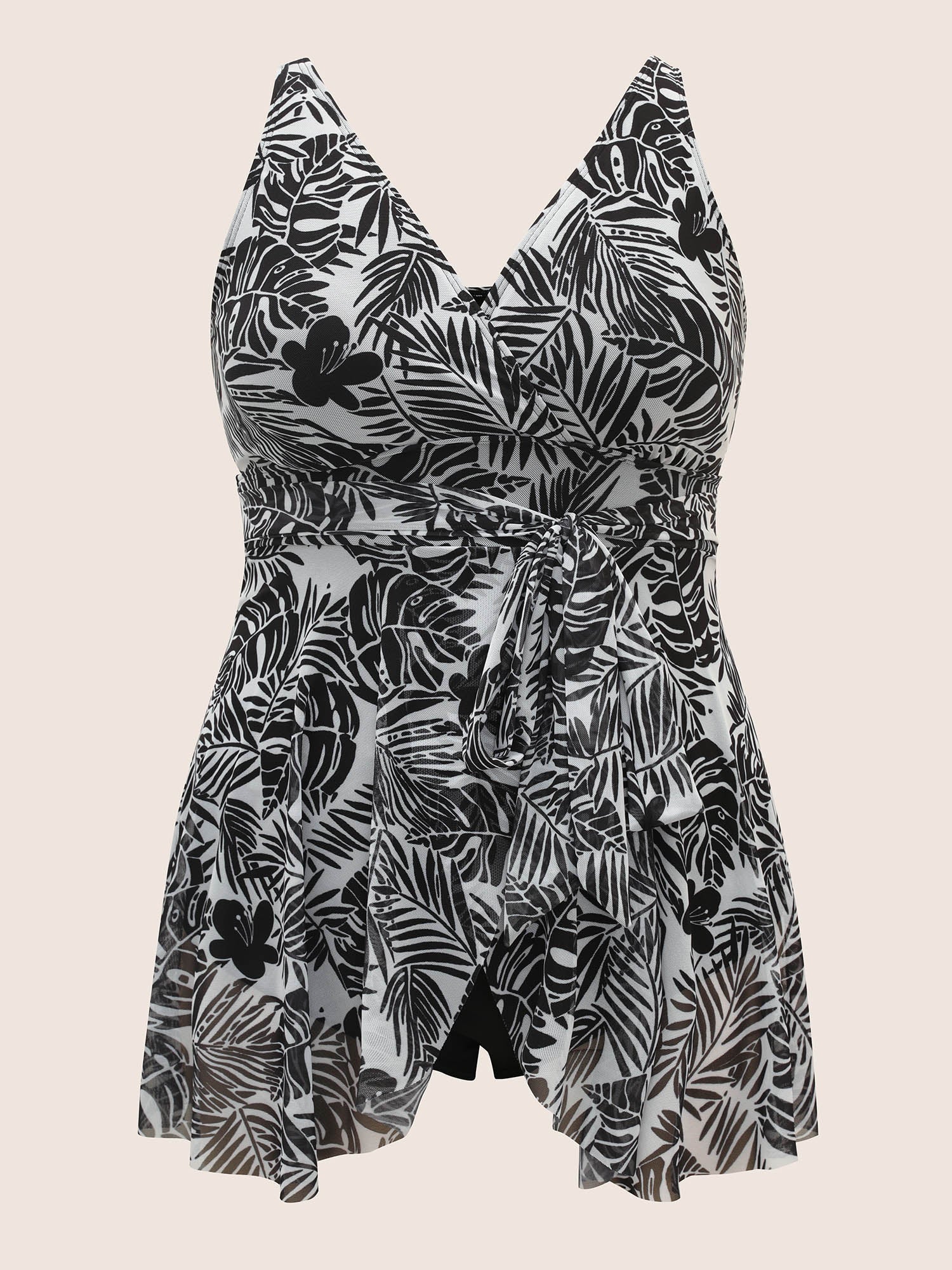 Tropical Print Tie Knot Wrap Gathered Swim Dress Tropical Print Tie Knot Wrap Gathered Swim Dress
