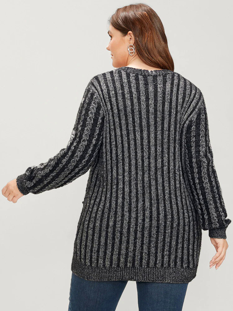 Striped Contrast Pointelle Knit Pocket Button Front Heather Cardigan Striped Contrast Pointelle Knit Pocket Button Front Heather Cardigan