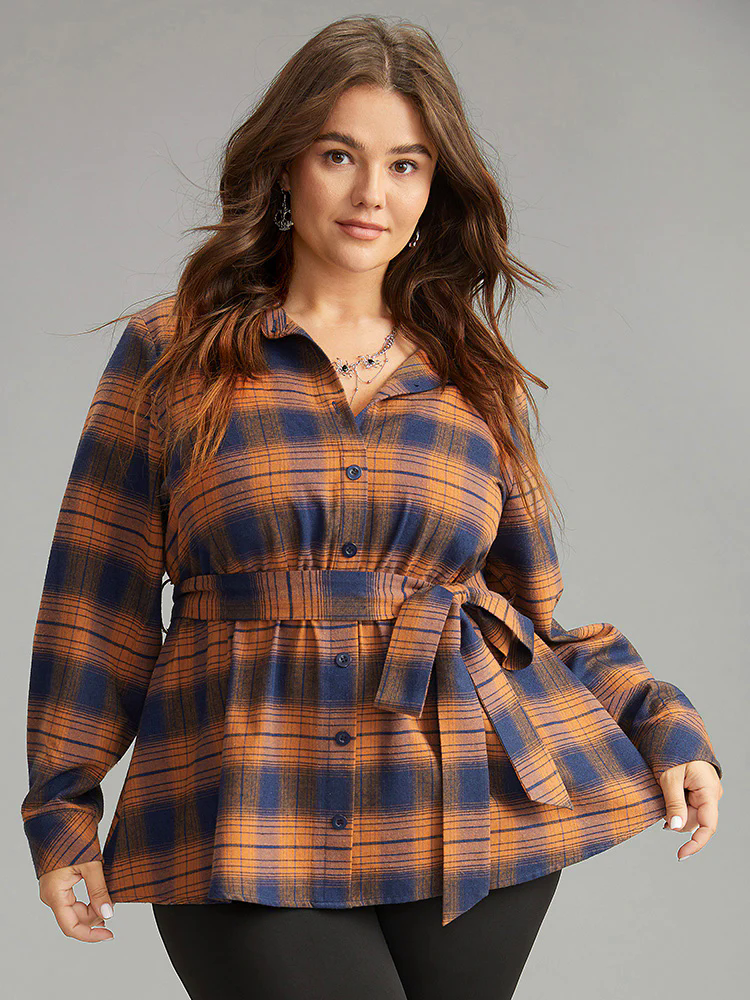 Plaid Elastic Waist Shirt Collar Blouse Plaid Elastic Waist Shirt Collar Blouse
