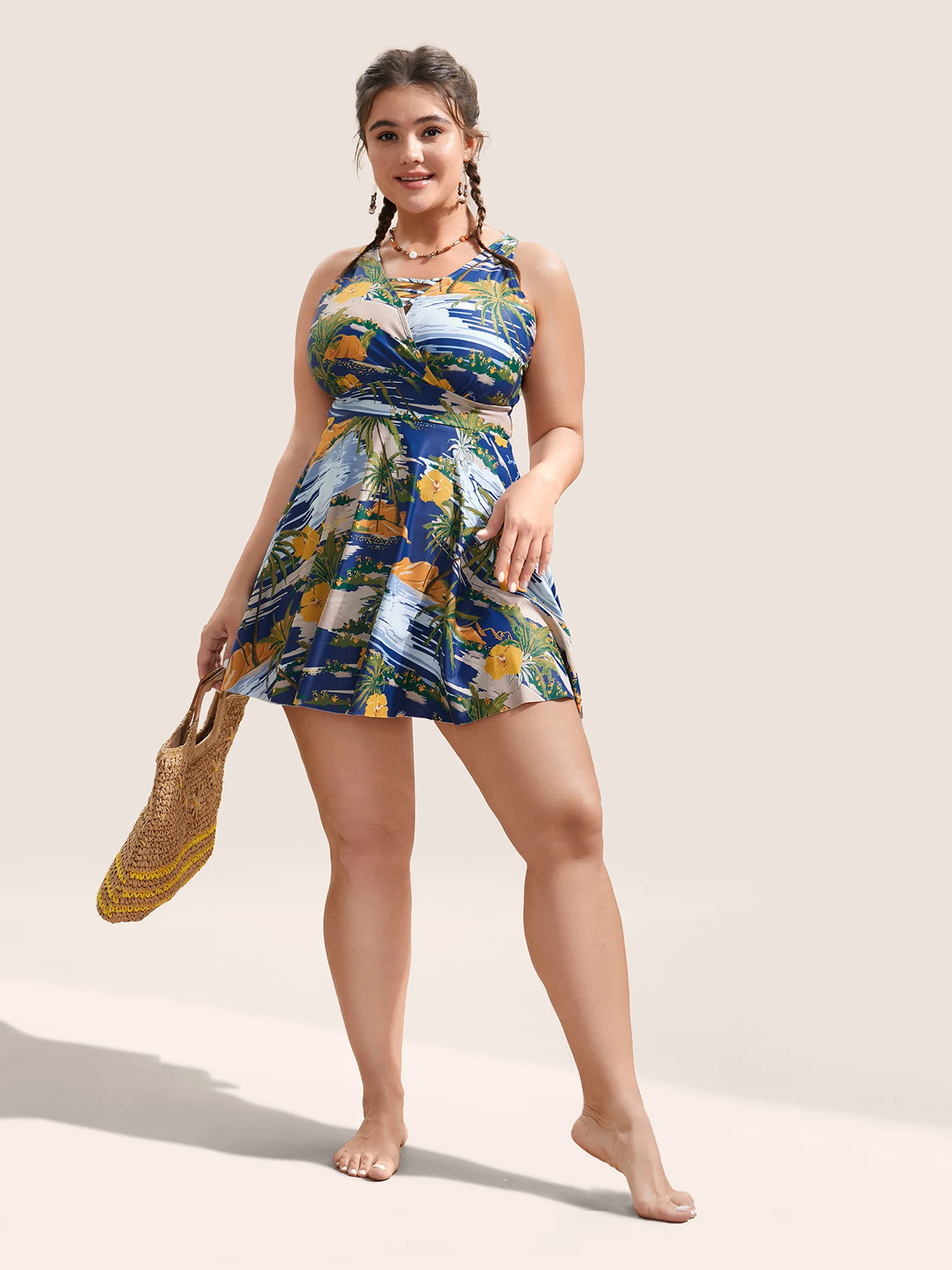 Tropical Print Crisscross Cut Out Swim Dress Tropical Print Crisscross Cut Out Swim Dress