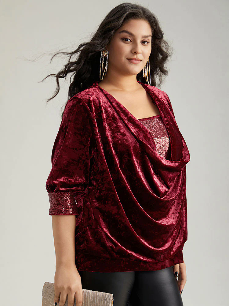Cowl Neck 2-In-1 Sequin Patchwork Blouse Cowl Neck 2-In-1 Sequin Patchwork Blouse