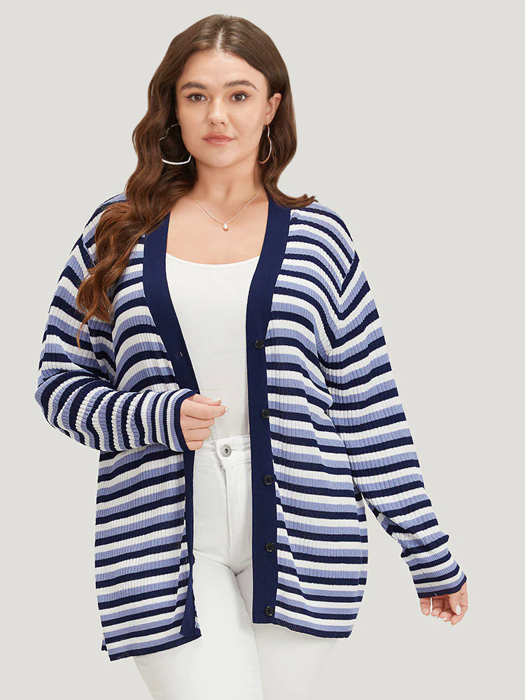 Contrast Striped Rib Knit Button Through Cardigan
