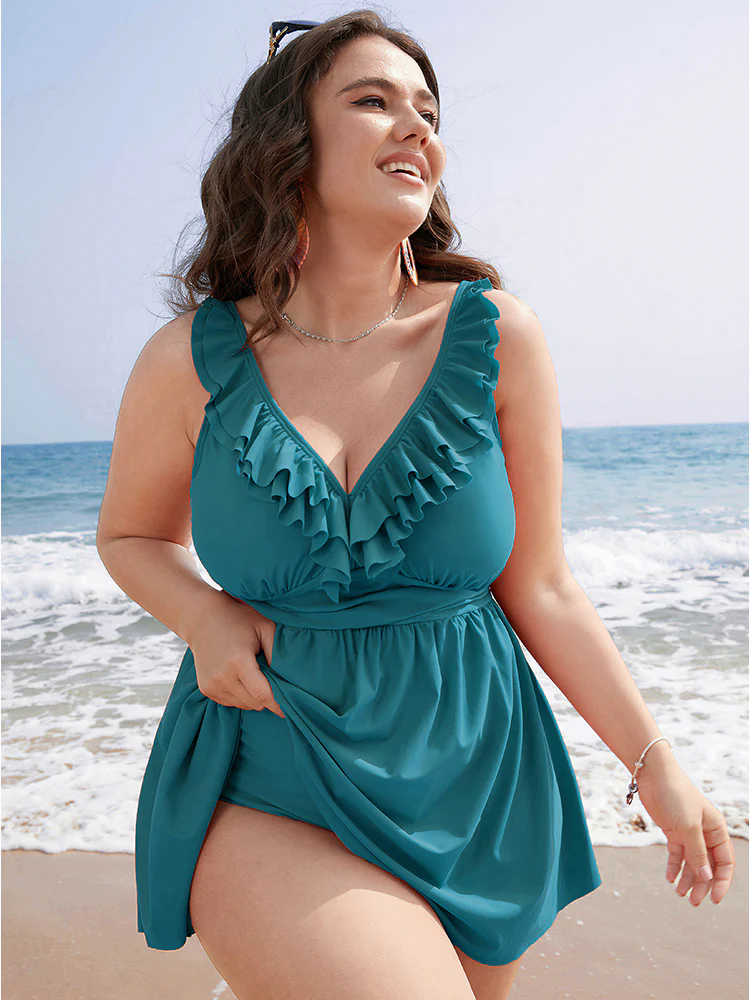 Ruffle Trim Adjustable Straps Gathered Sculpt Waist Swim Dress Ruffle Trim Adjustable Straps Gathered Sculpt Waist Swim Dress