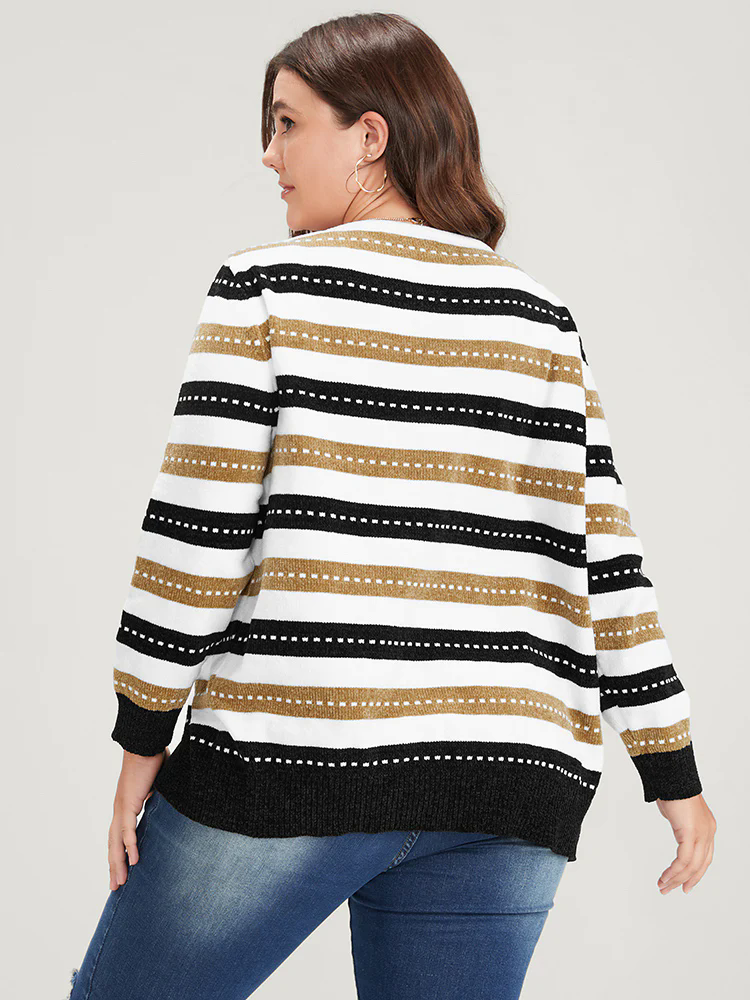 Striped Contrast Pointelle Knit Jacquard Open Front Cardigan Striped Contrast Pointelle Knit Jacquard Open Front Cardigan