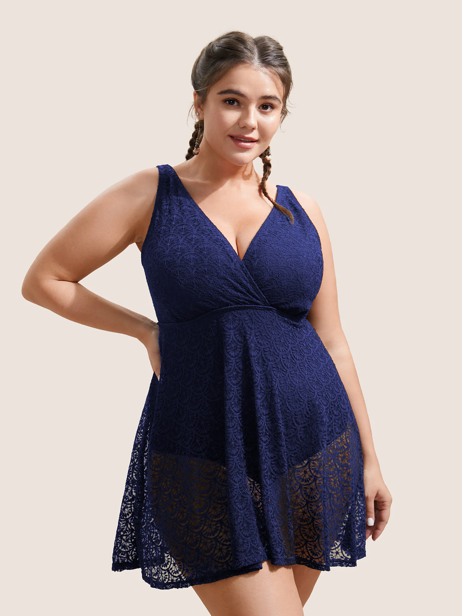Solid Crochet Lace Mesh Adjustable Straps Swim Dress Solid Crochet Lace Mesh Adjustable Straps Swim Dress