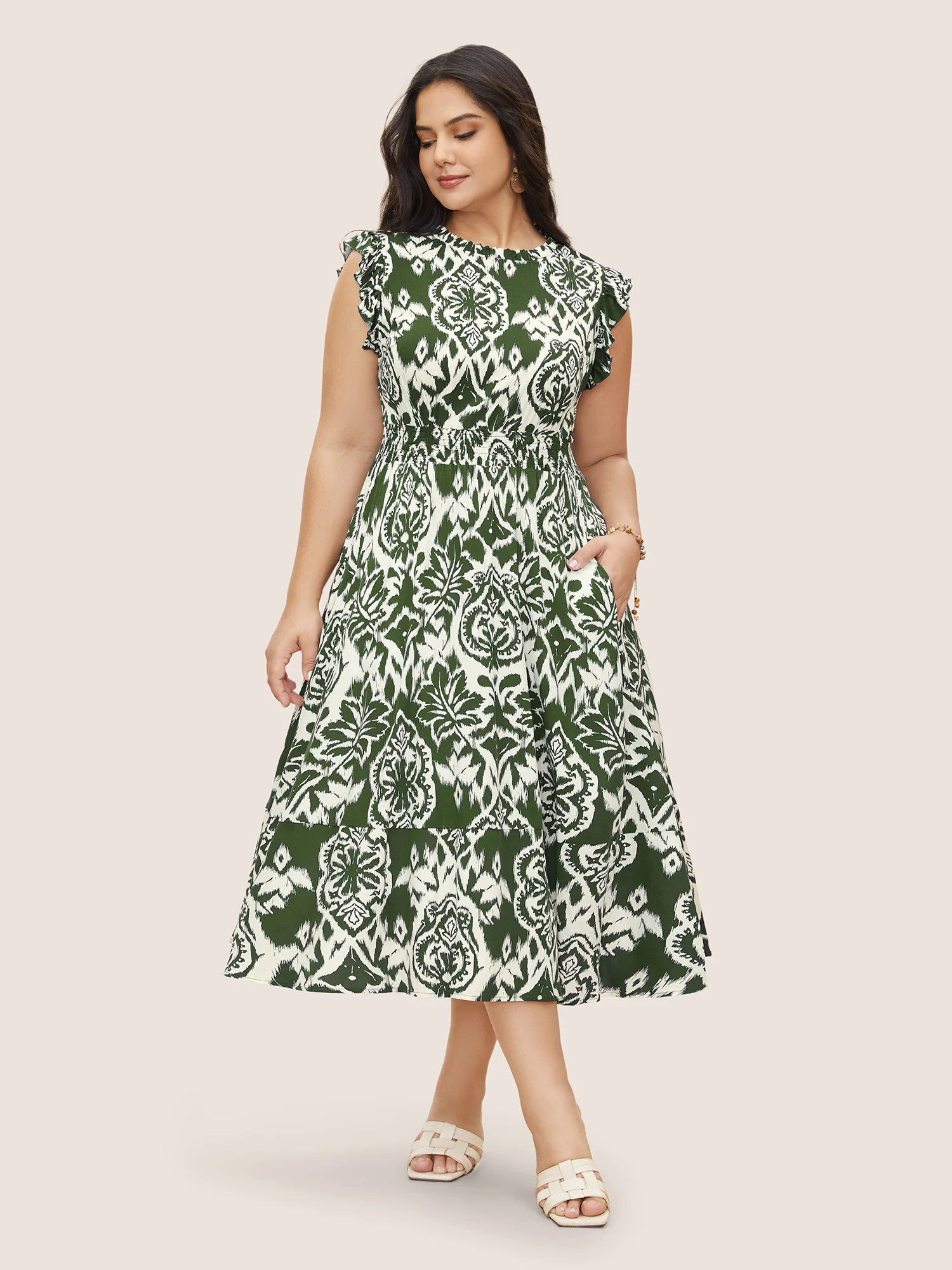Boho Print Mock Neck Shirred Ruffle Cap Sleeve Dress Boho Print Mock Neck Shirred Ruffle Cap Sleeve Dress