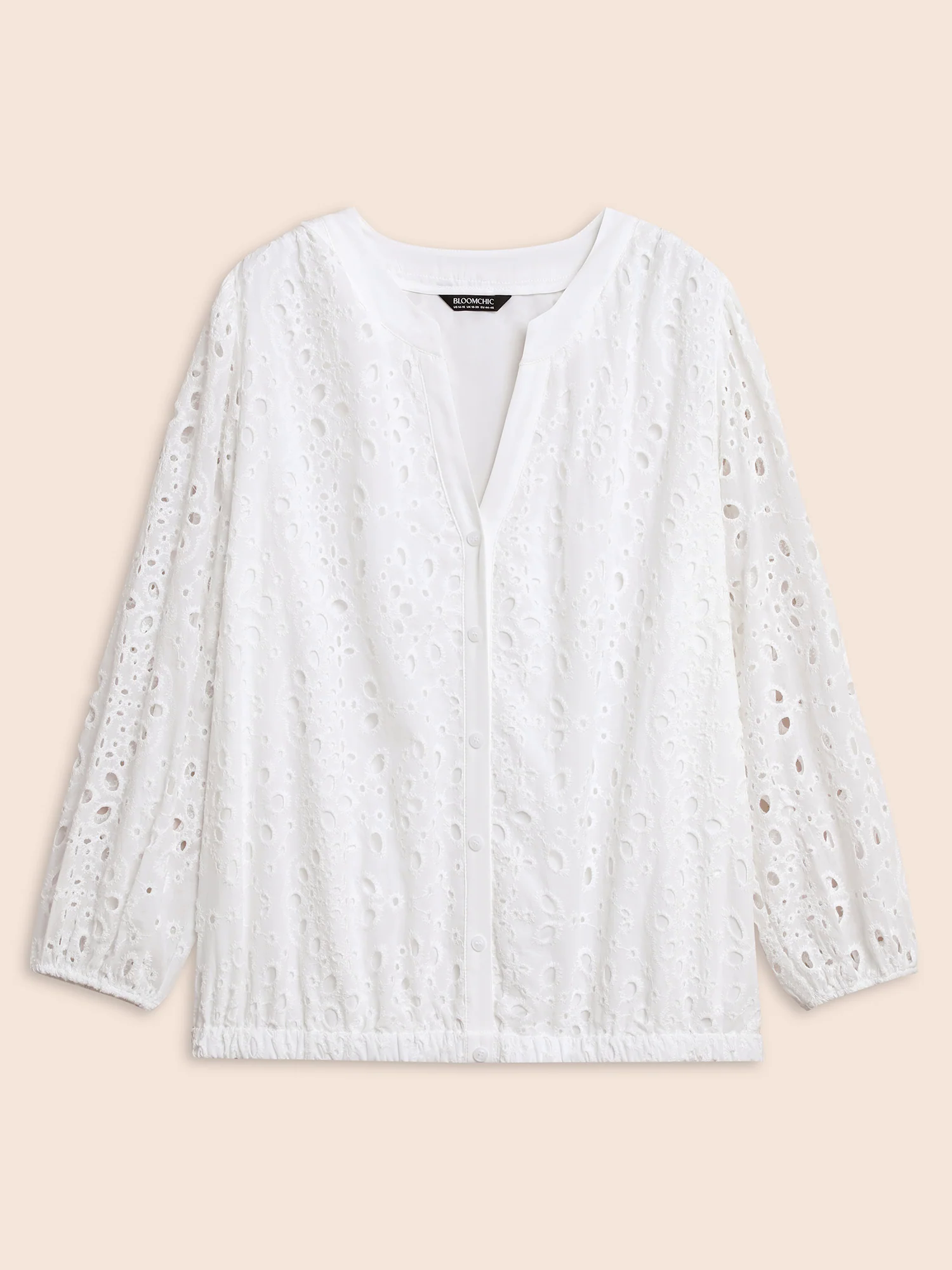 Notched Broderie Anglaise Lantern Sleeve Blouse Notched Broderie Anglaise Lantern Sleeve Blouse
