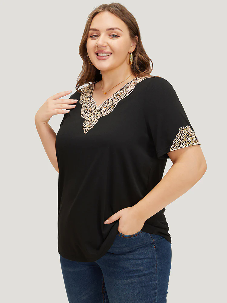 Plain Guipure Lace V Neck T-shirt Plain Guipure Lace V Neck T-shirt