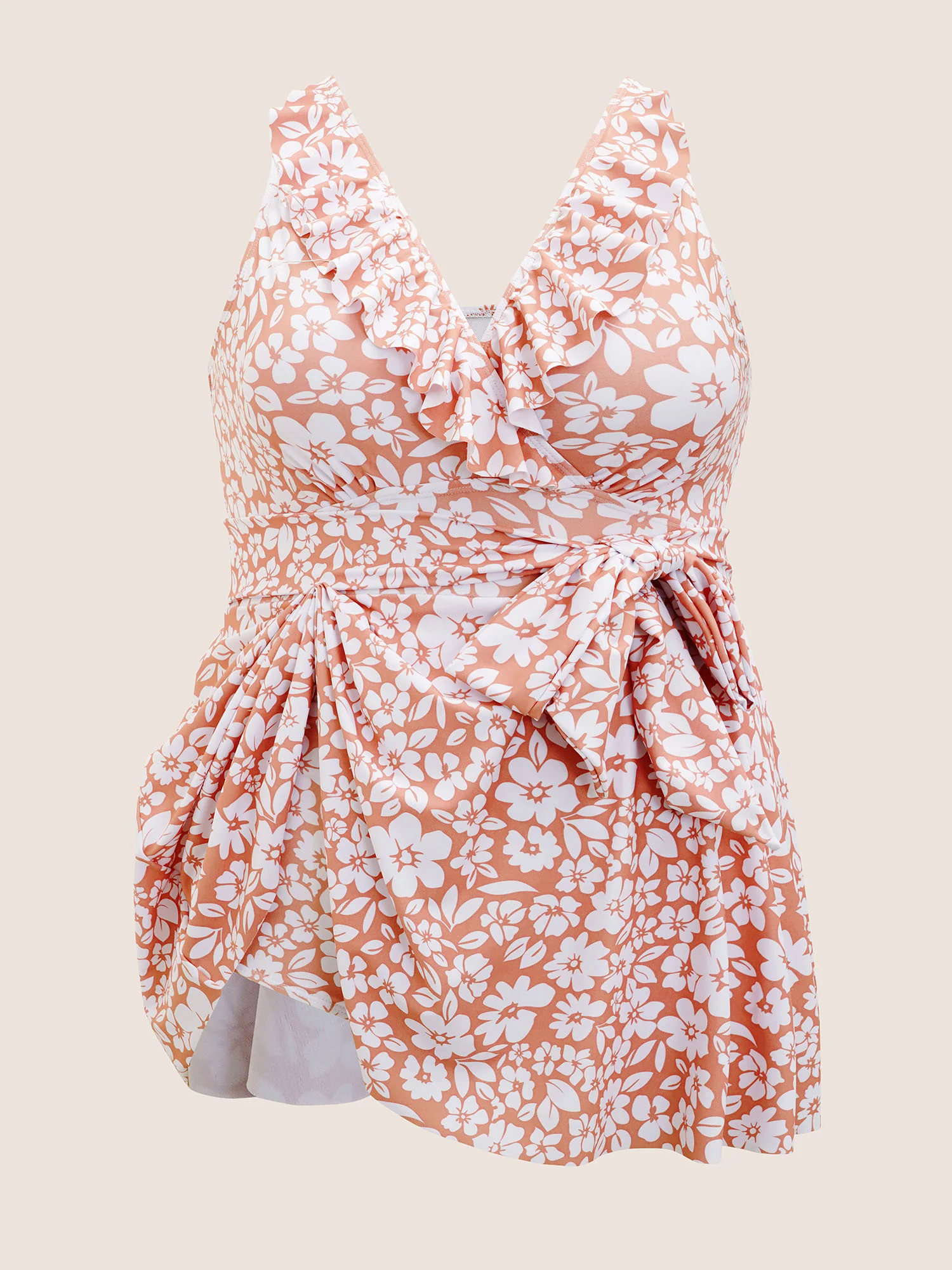 Floral Tie Knot Patchwork Ruffles Swim Dress Floral Tie Knot Patchwork Ruffles Swim Dress